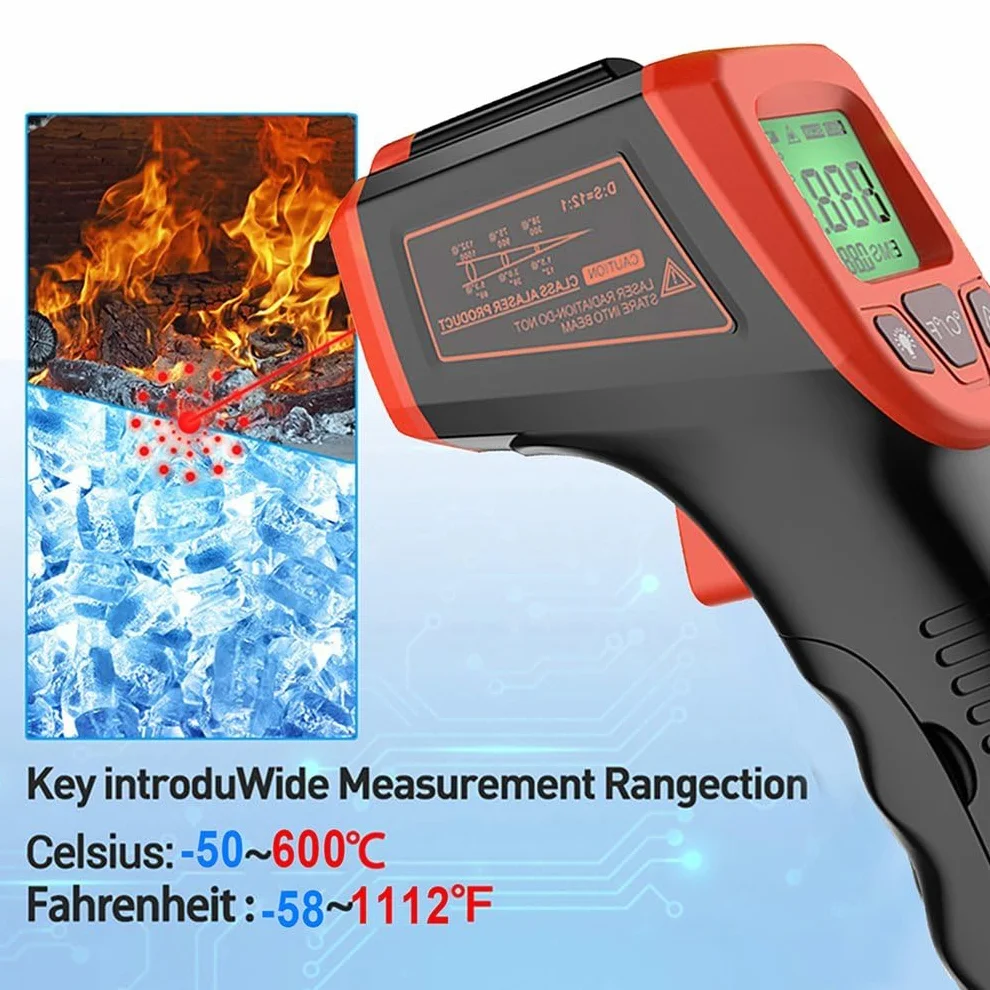 Termometro Infrarossi Senza Contatto a Pistola Laser Digitale LCD -50°C a 600°C per Cucinare Grigliare Forno Pizza