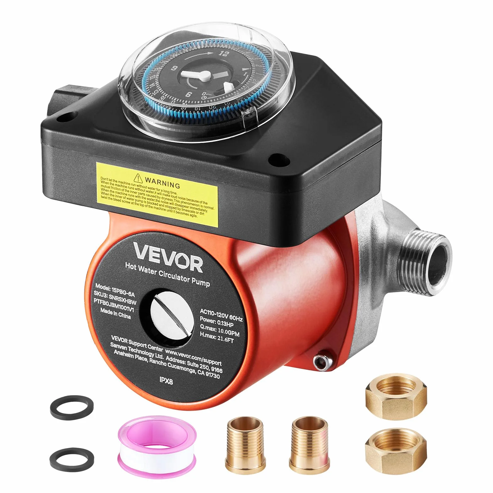 VEVOR Pompa di Ricircolo dell'Acqua Calda 38 L/min 100 W 220-240 V G3/4 G1/2