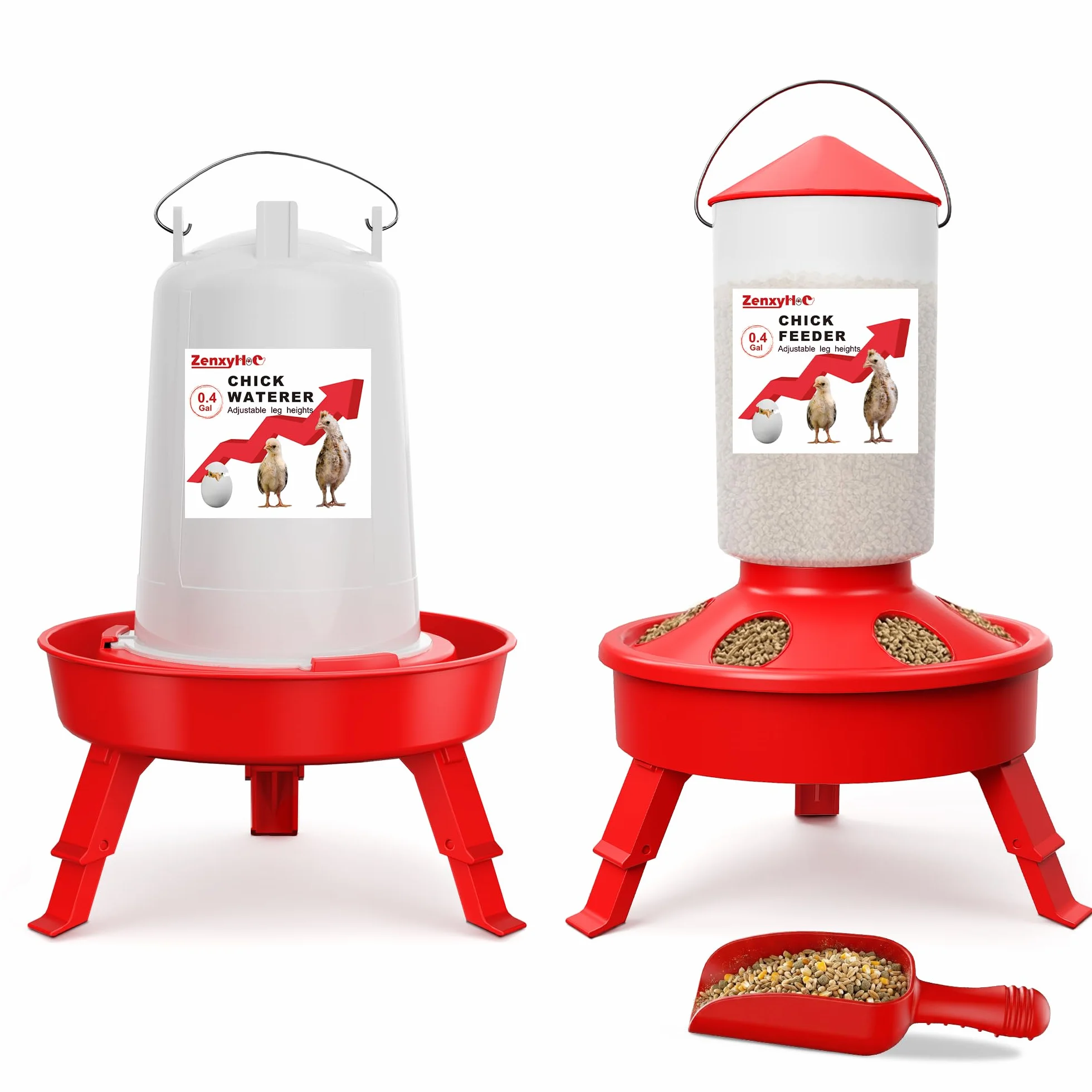 ZenxyHoC Set mangiatoia abbeveratoio pulcini 1,5 l 3 gambe regolabili rosso