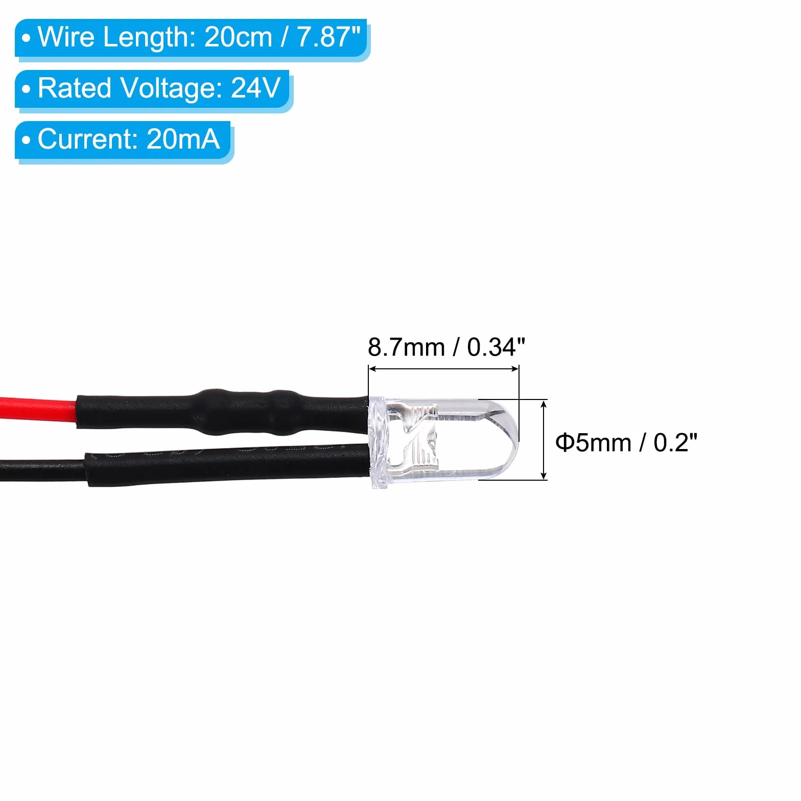 PATIKIL 20 mini luci LED a diodo da 5 mm, 24 V CC, pre-cablate, per luci radiocomandate fai da te, luce bianca calda