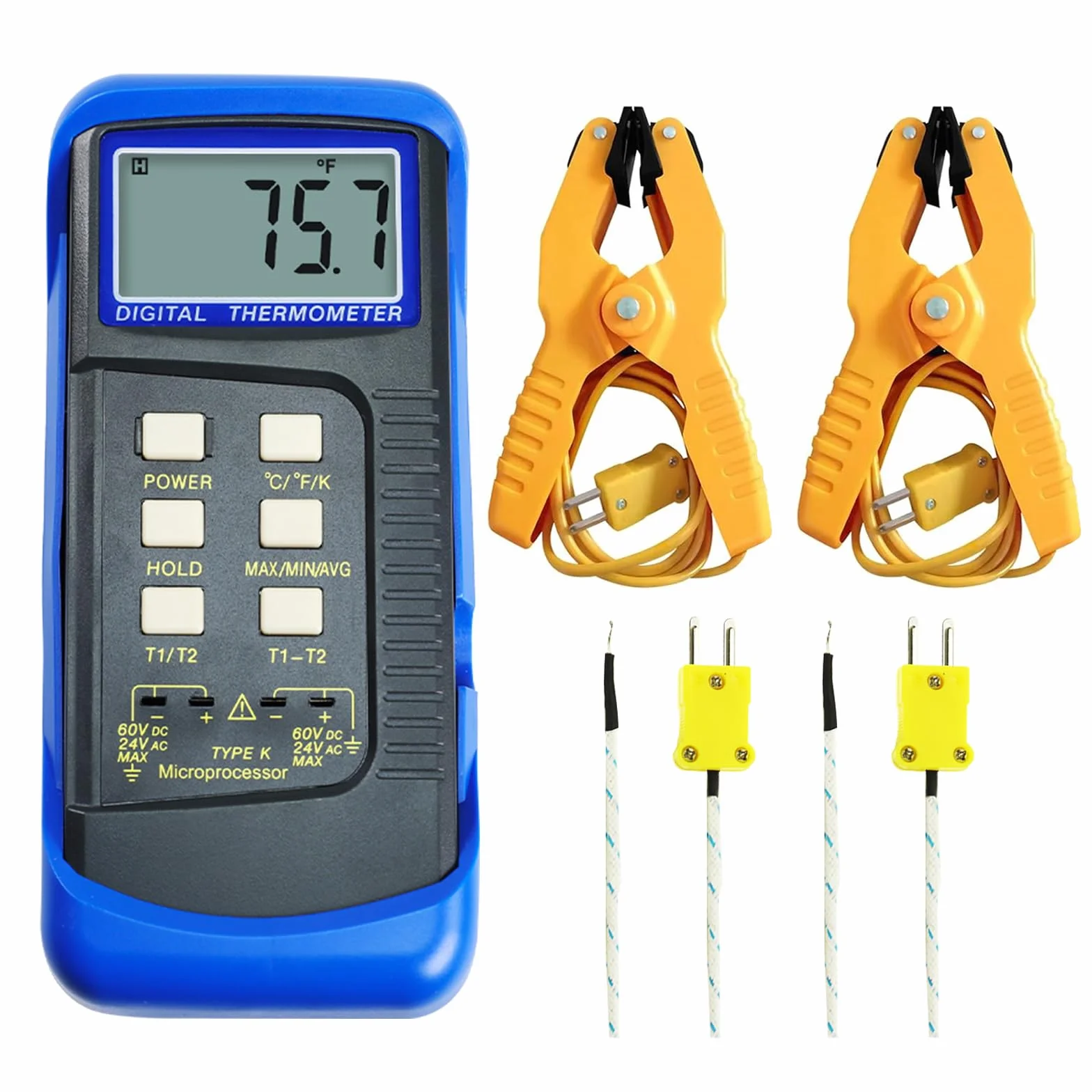 Termometro digitale a doppio canale tipo K -50 a 1300 °C con sonda cablata MAX/MIN/AVG per forni