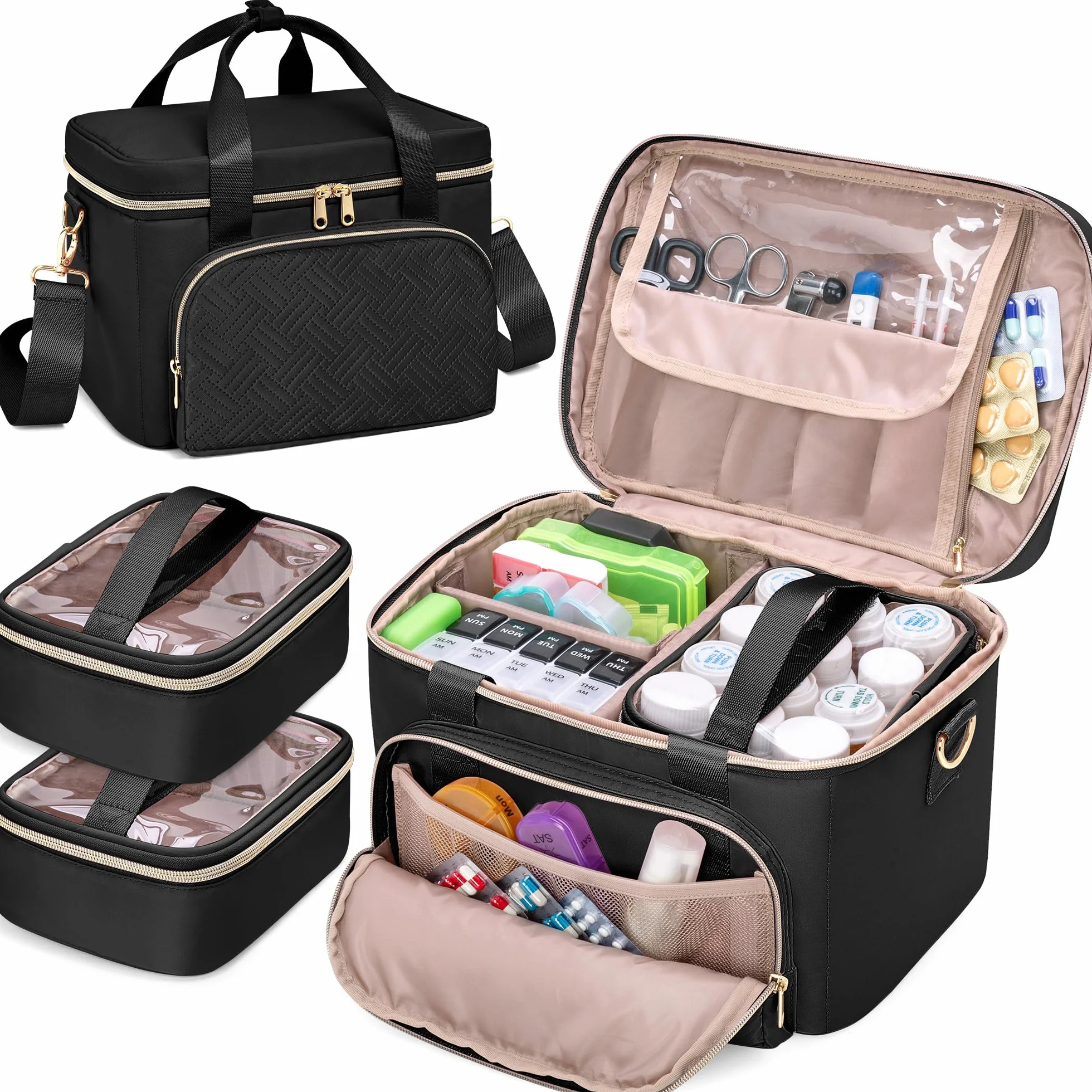 Borsa Porta Medicinali 2 Borse Mediche Organizer Flaconi Pillole Pronto Soccorso Vuota Viaggi Nero