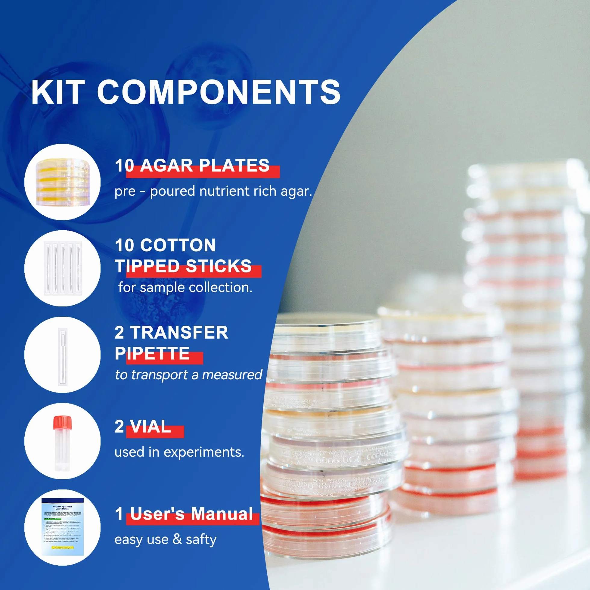Kit di progetti scientifici per piatti di agar nutrienti e tamponi di cotone preversi per esperimenti scientifici | Kit scientifico batterico sigillato separatamente