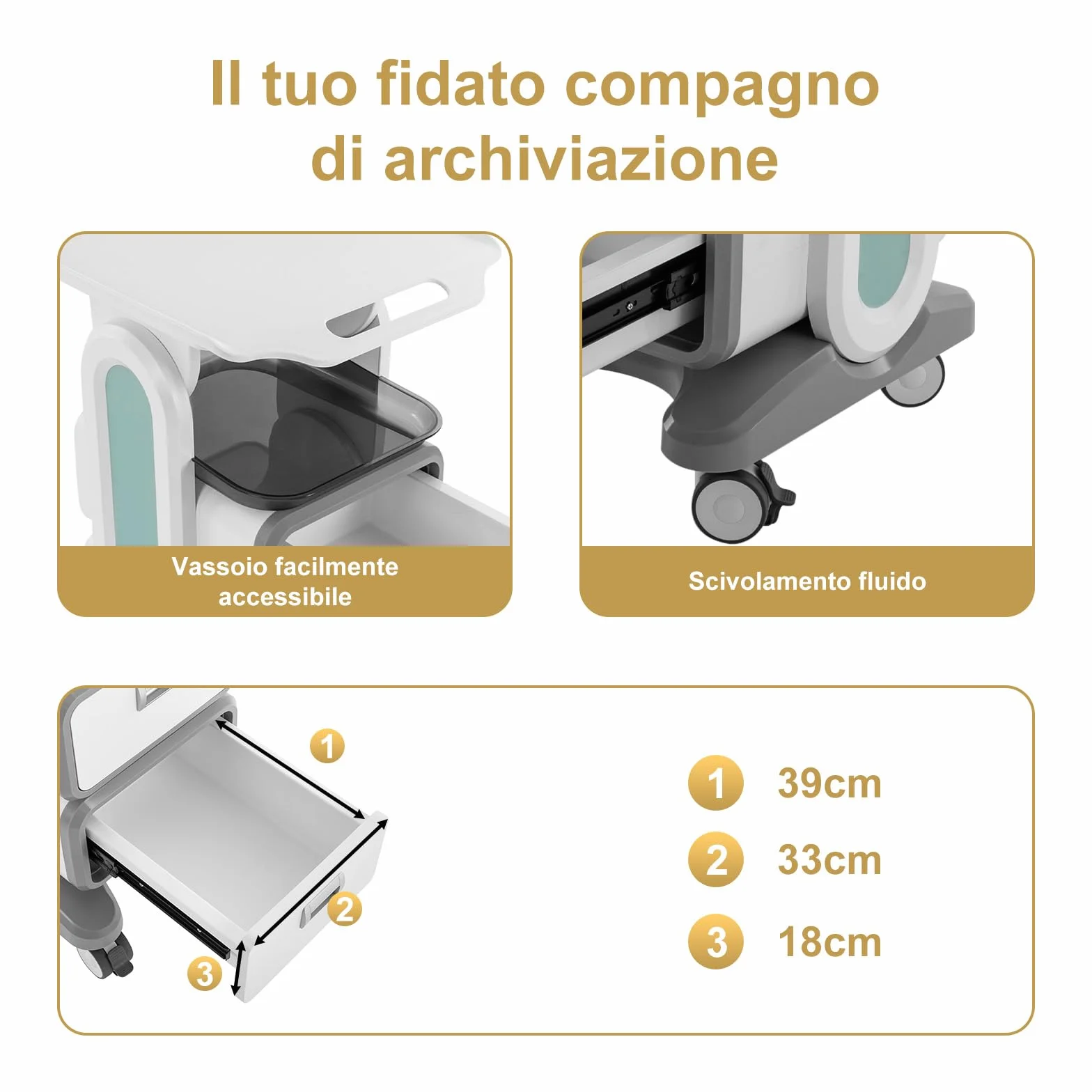 Carrello da Laboratorio 3 Ripiani Medico Mobile ABS 4 Ruote Silenziose Cassetti Vassoio