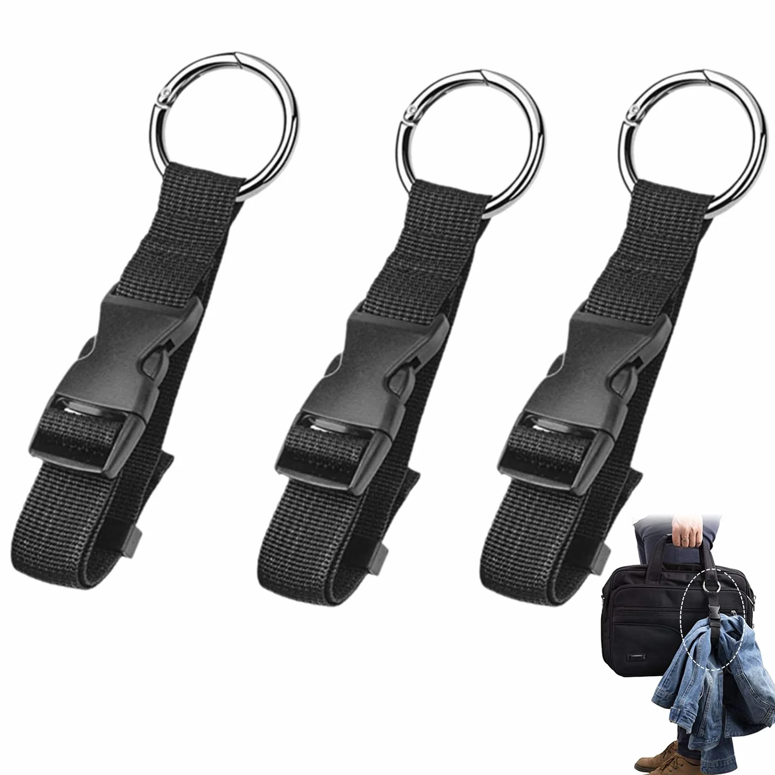Cinghie per Bagagli 3 Pezzi Regolabili in Nylon con Moschettone e Fibbia Robusta, Accessorio da Viaggio per Valigia e Zaino, Nero, Facile Fissaggio per Trasporto Sicuro