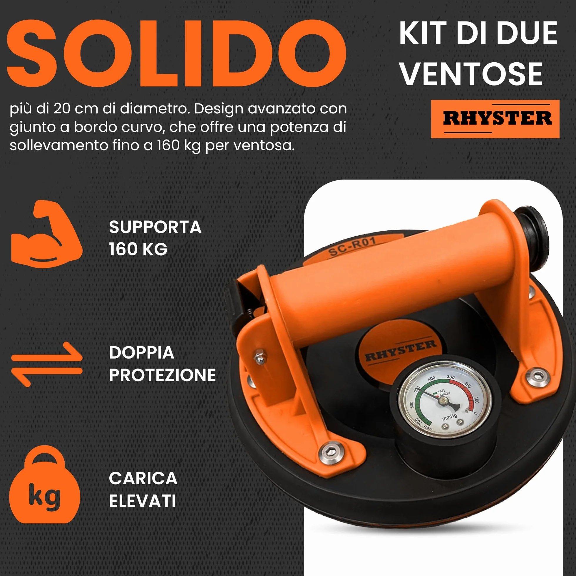 2 Ventose per Piastrelle con Manometro e Indicatore di Sicurezza, Diametro 200 mm, Supporto Fino a 320 kg, Ideale per Piastrelle, Vetri, Parabrezza, Mobili, Kit di Ricambio per Valvole