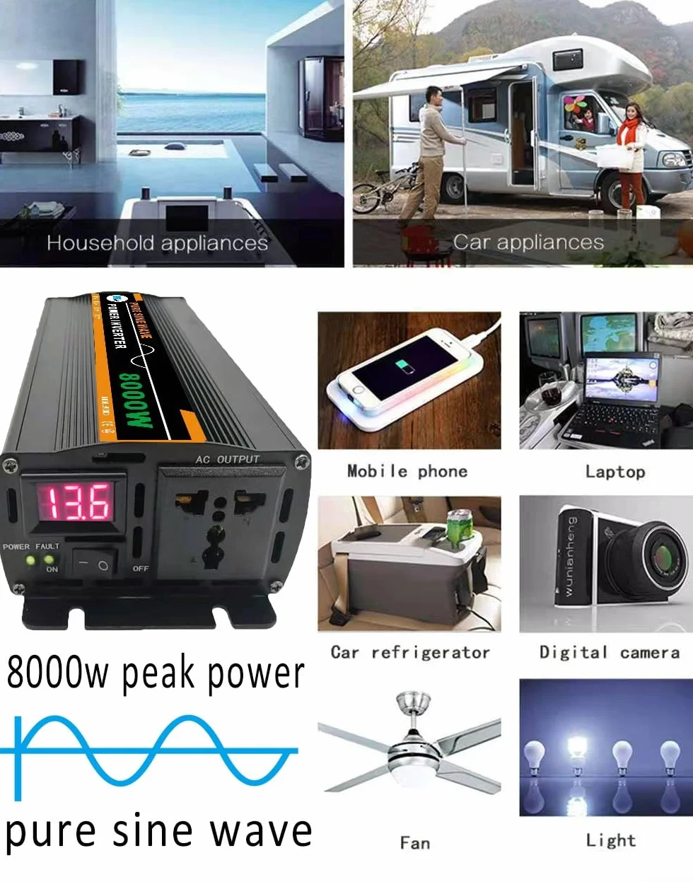Inverter di potenza a onda sinusoidale pura da 8000 W, CC 12 V o 24 V a CA 220 V, per pannello solare, per casa, attività all'aperto, camper o campeggio (24 V 220 V)