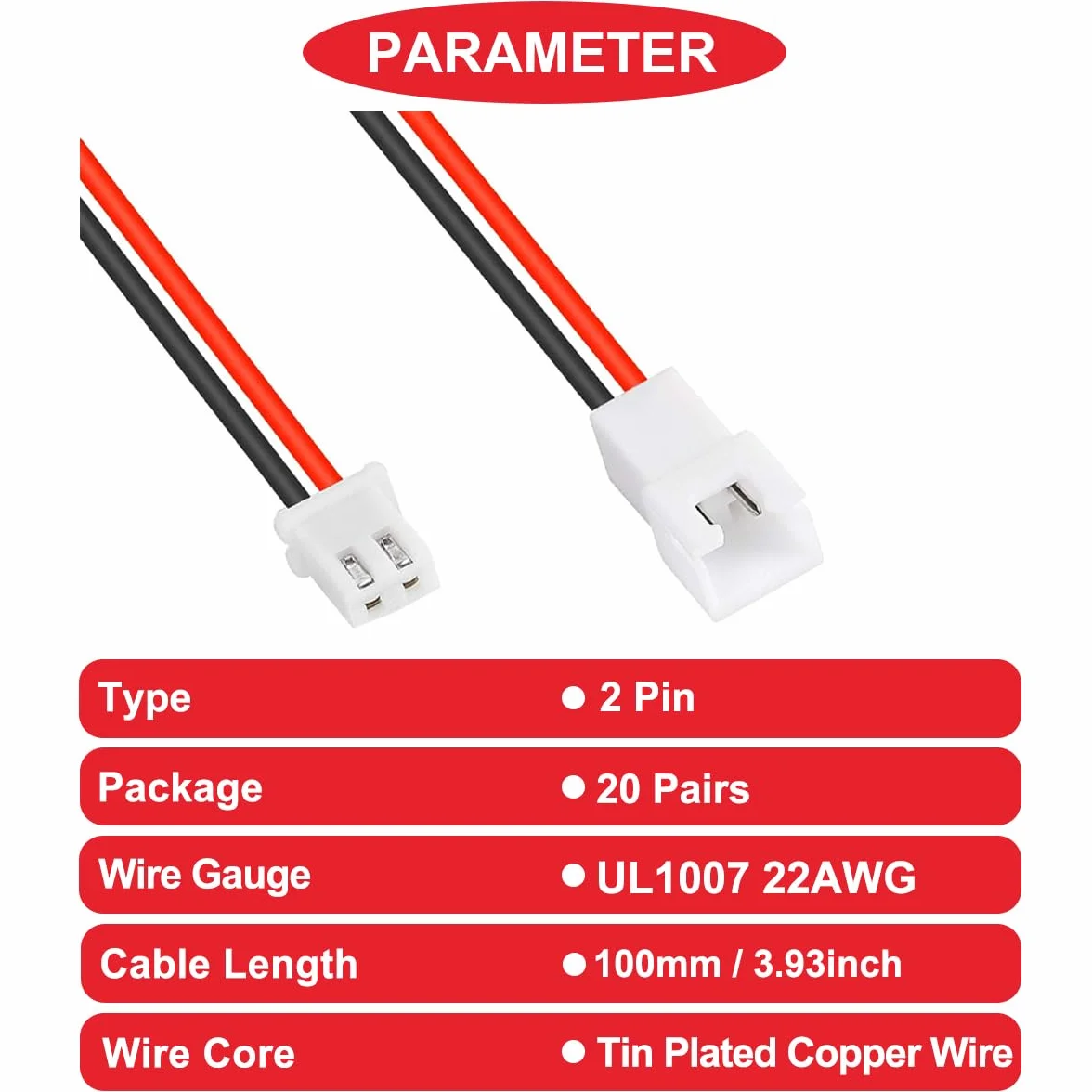 20 paia di cavi JST XH da 2,54 mm a 2 pin maschio e femmina con cavo connettore UL1007 22AWG 100 mm, rosso e nero, tubo termorestringente per minuscole prese terminali batteria drone luce