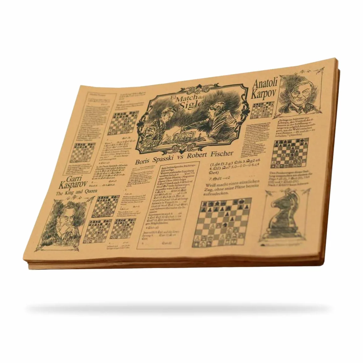 Hostelnovo Carta antigrasso per avvolgere alimenti - Confezione da 100 pezzi - 30 x 20 cm - Carta di giornale Kraft marrone - Design unico delle leggende di scacchi - Ideale per patate fritte