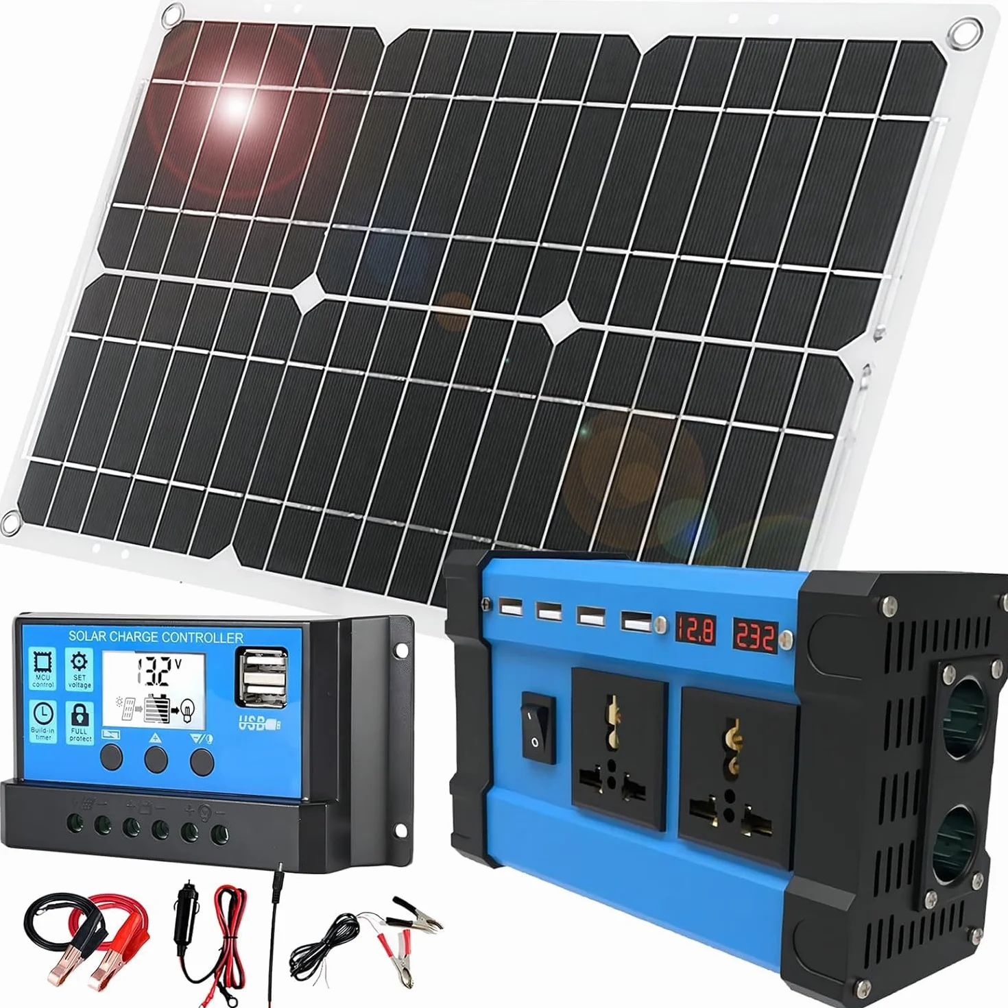 Kit pannello solare, Kit pannello solare completo, Kit pannello solare con inverter for auto da 500 Watt/ Regolatore di carica PWM 30 A/ Pannello solare impermeabile da 18 W, Kit pannello solare for a