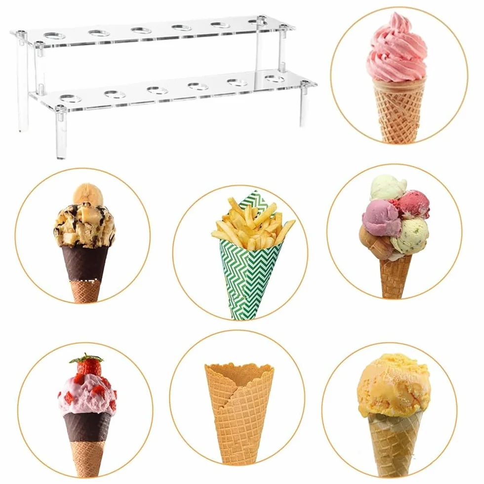 Supporto per coni gelato trasparente Wanfoou, supporto acrilico per coni gelato con 12 fori, supporto a due livelli in acrilico per cupcake, popcorn, ristorante, zucchero, festa o buffet