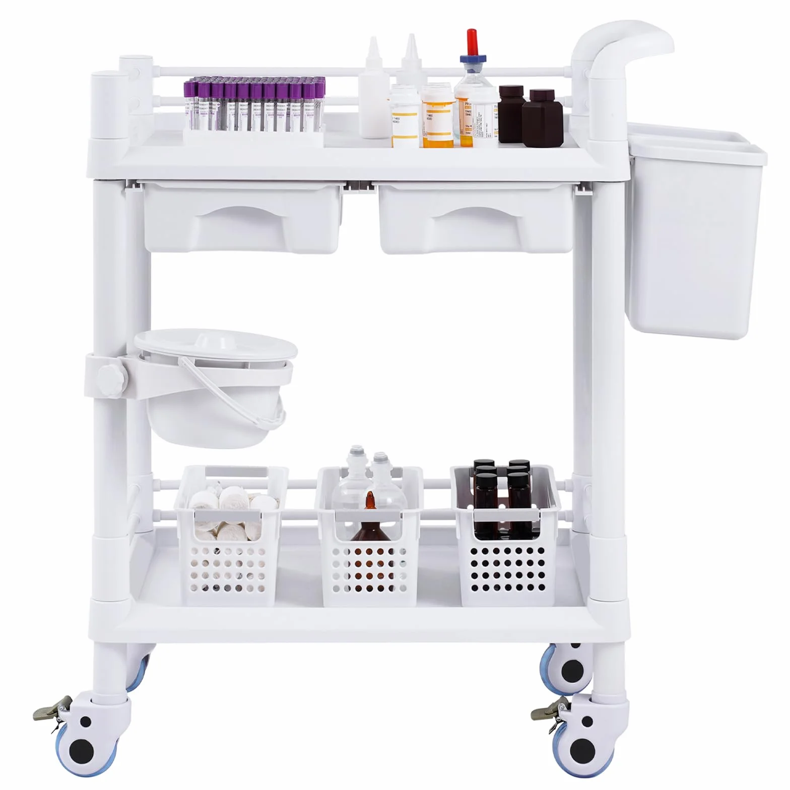 VEVOR Carrello da Laboratorio a 2 Ripiani, Mobile Medico con 2 Cassetti, 2 Vassoi, 4 Ruote, PP, 3 Contenitori