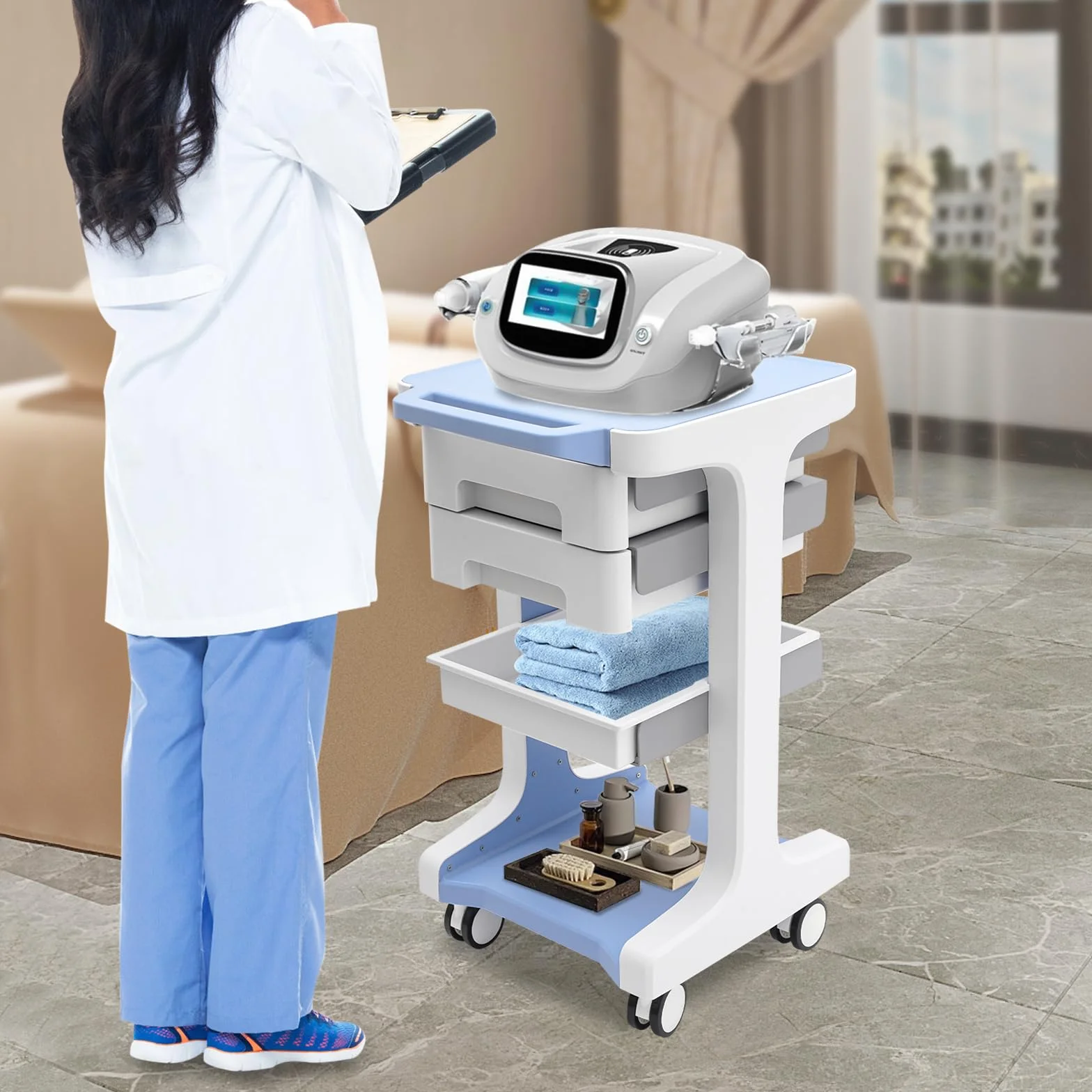 Carrello medico Beauty Salon Trolley con 2 cassetti, carrello/carrello, carrello da lavoro e parrucchiere, 41 × 41 × 67 cm, blu
