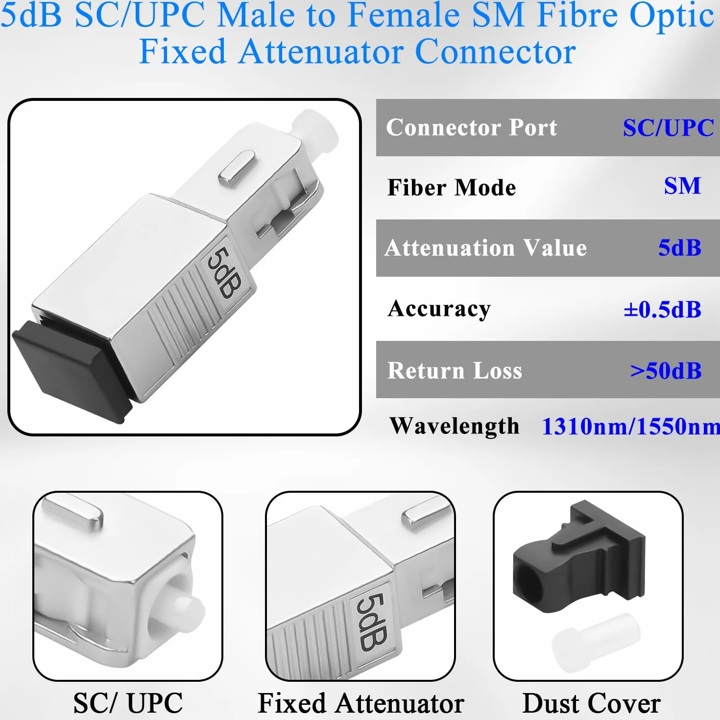 QIANRENON SC/UPC Attenuatore fisso in fibra ottica connettore 5dB SC maschio a femmina Singlemode Fibre Ottiche Fixed Attenuator Adattatore, Valore di attenuazione 5dB ± 0,5, per reti in fibra ottica