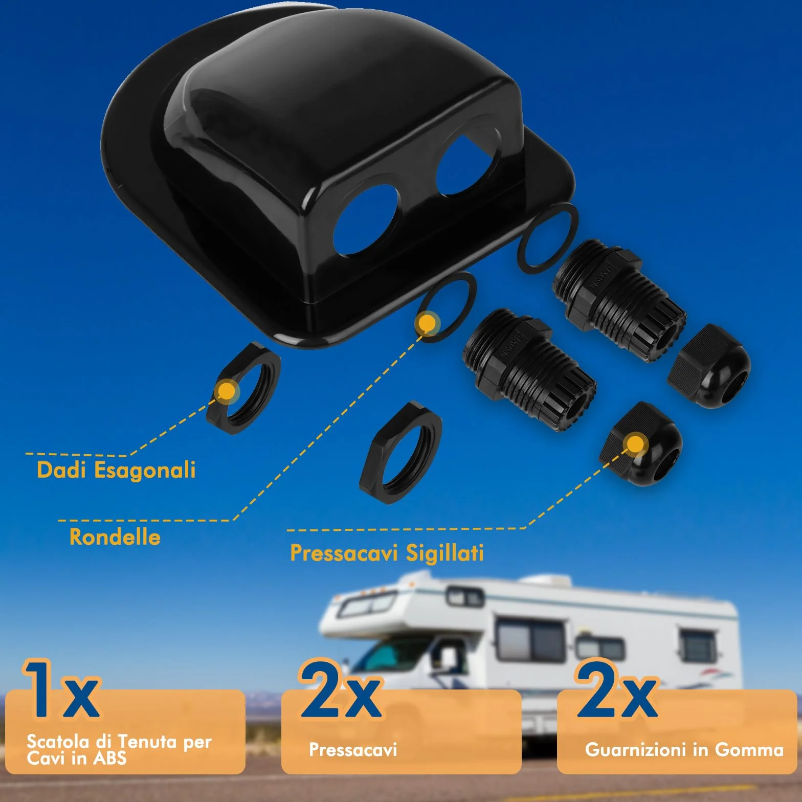 Restmo Passacavo Solare Impermeabile IP68 ABS Doppia Entrata per Camper Roulotte Barche Nero