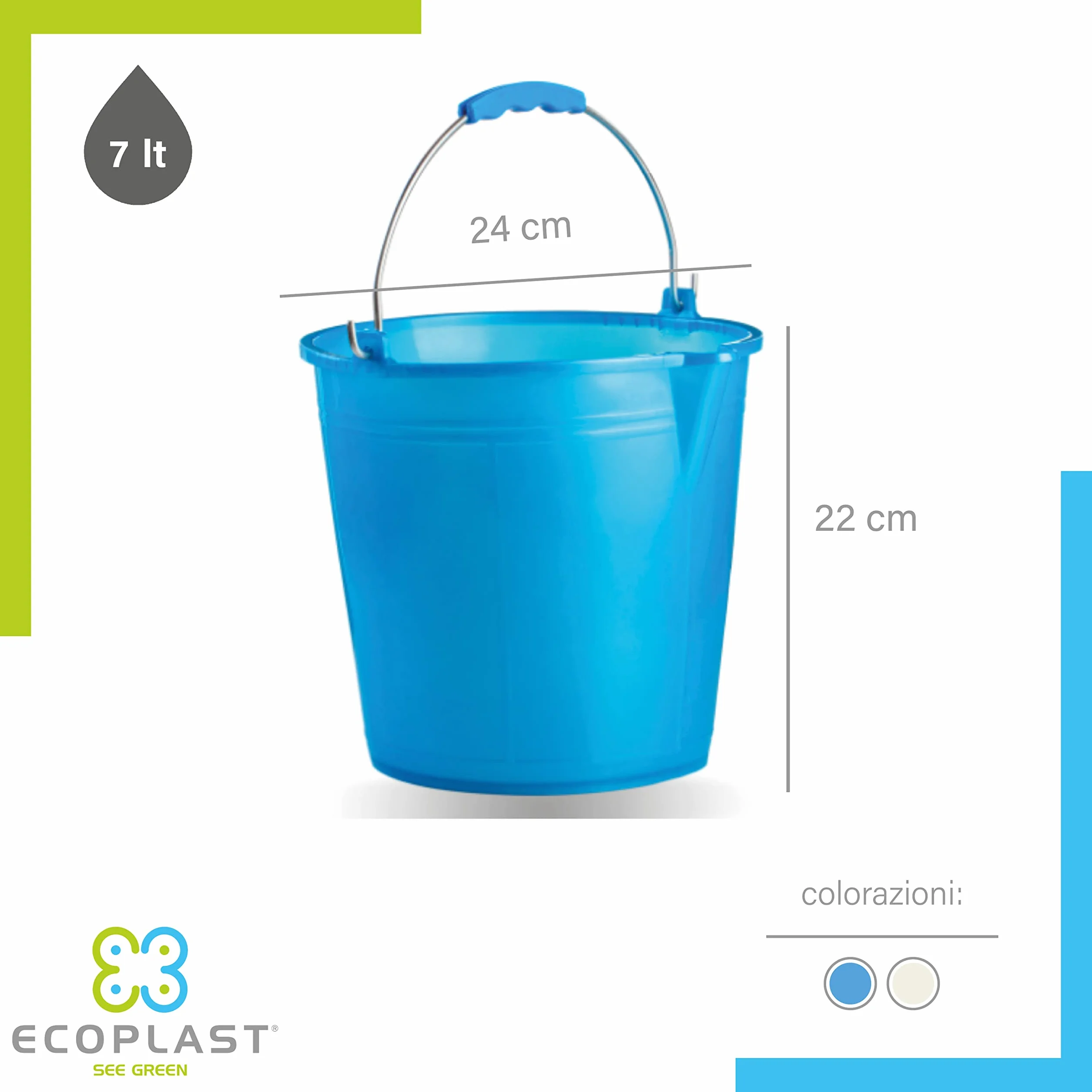 Ecoplast | Secchio 7 Litri con Manico Ergonomico e Becco, Azzurro, ø 24, Made in Italy