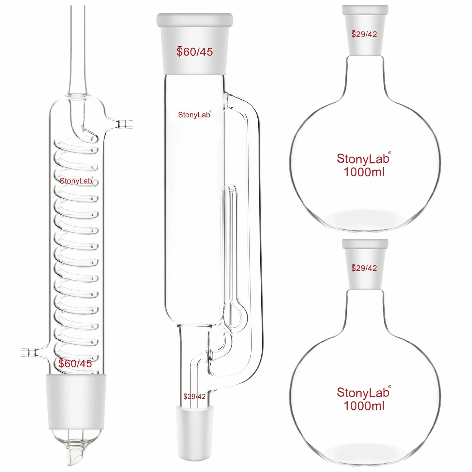 stonylab Kit di Estrazione Soxhlet con Vetro Borosilicato 60/45 Estrattore Soxhlet, Condensatore Graham e Due Palloni a Fondo Piatto 29/42 da 1000 ml per Uso in Laboratorio