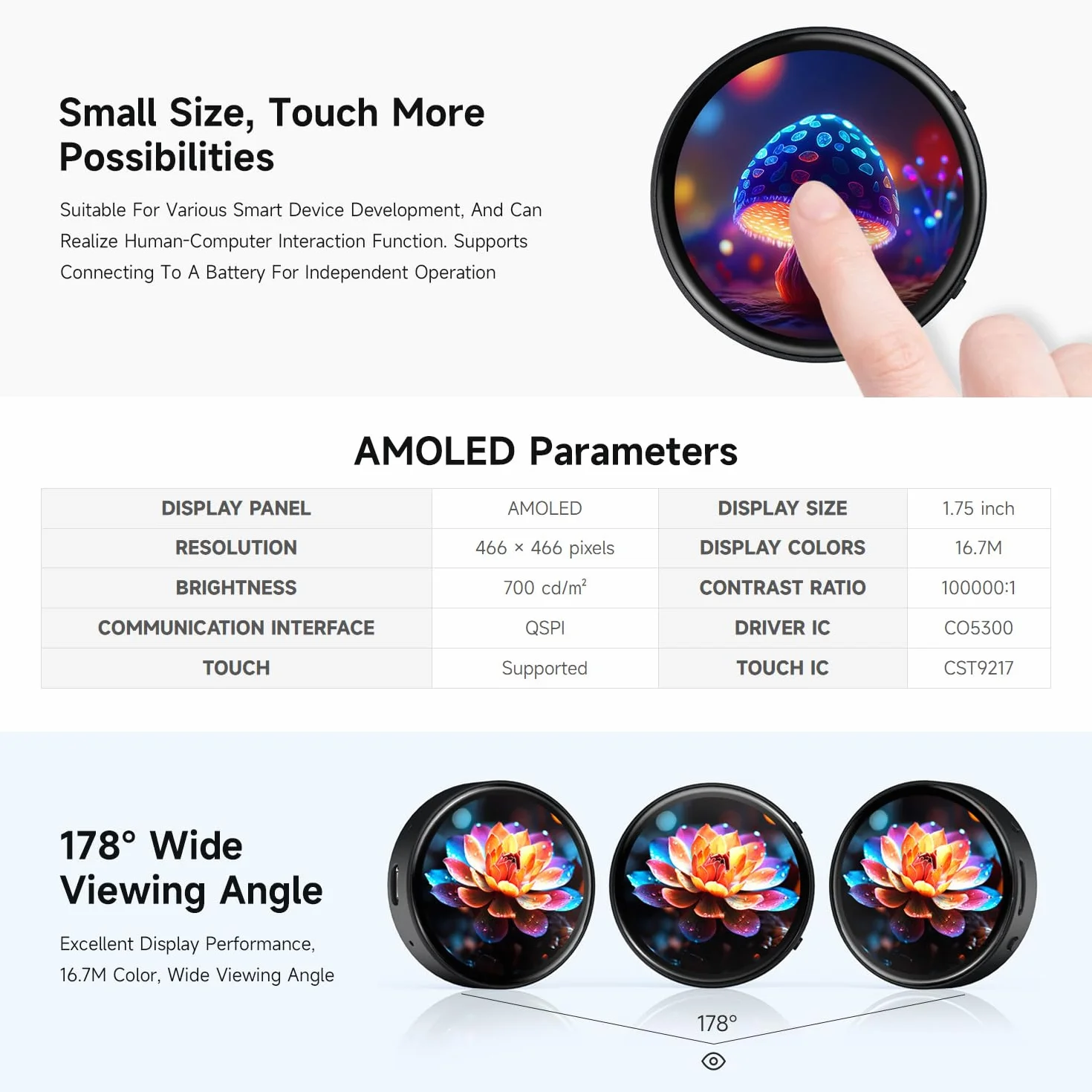 Waveshare ESP32-S3 1.75inch AMOLED Round Touch Display Development Board(without Case & GPS), 32-Bit LX7 2-Core Processor, 466x466, QSPI Interface, Dual Digital Microphones Array, ESP32 With Display