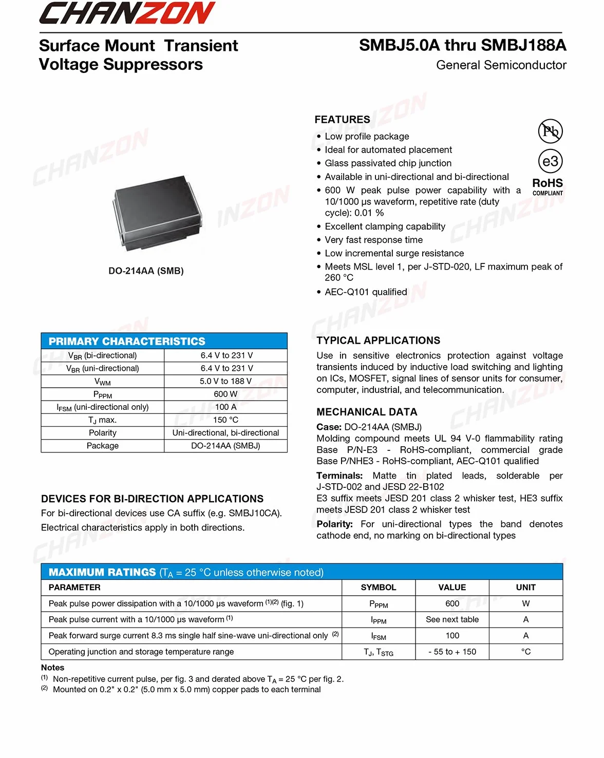 Chanzon Diodi SMD TVS SMBJ5.0A 600W 5V SMB (DO-214AA) Unidirezionale 50 pezzi