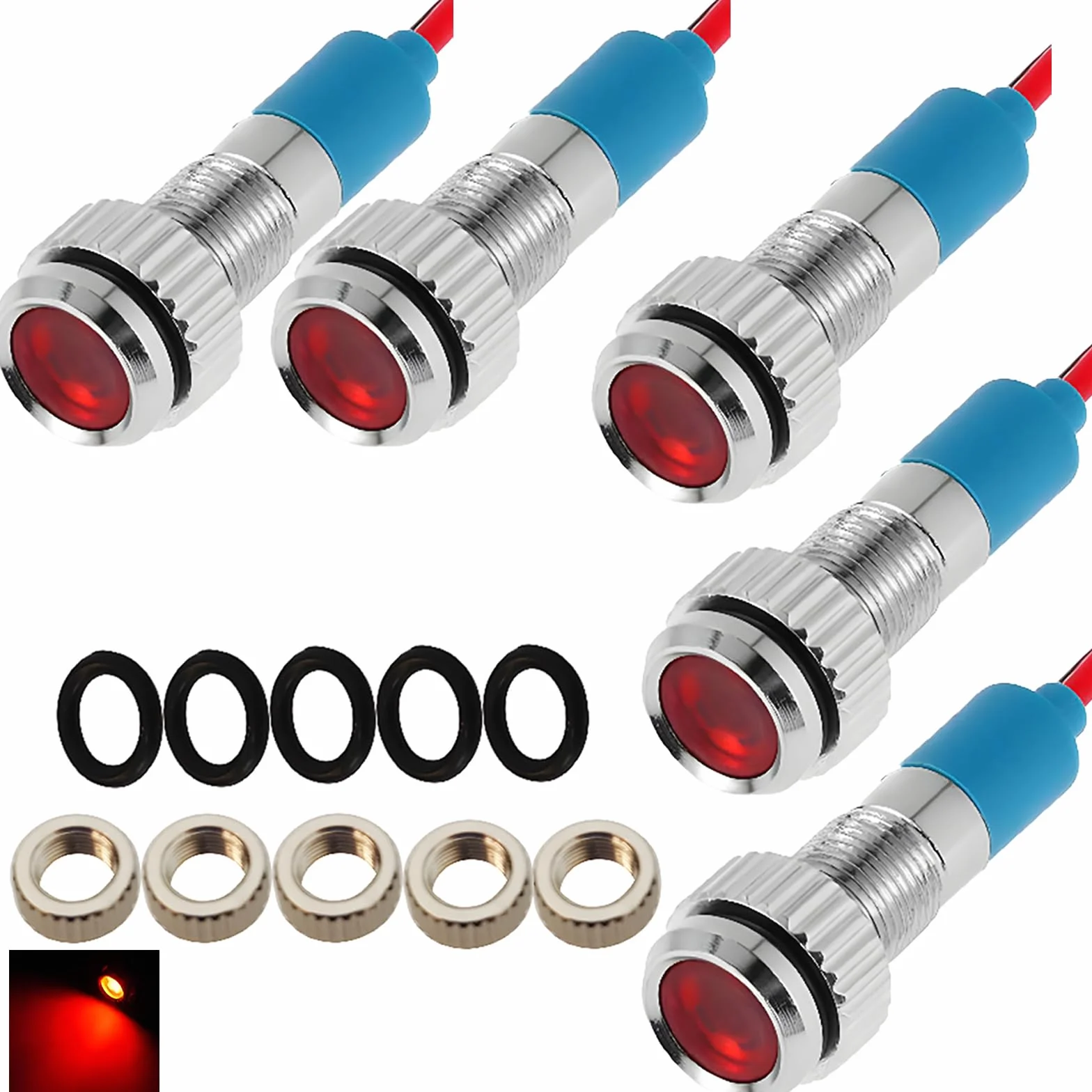 CESFONJER 5 pezzi 6mm 1/4 "LED Lampada spia in metallo 12V Lampada spia impermeabile Pilota Dash Direzionale Auto Camion Barca con filo (Colore rosso)