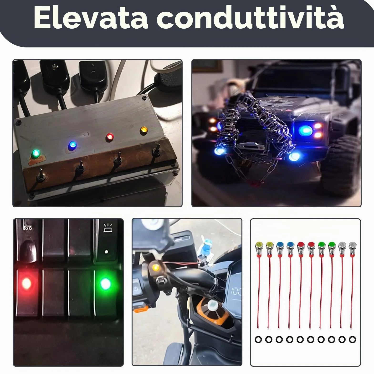 10 Pezzi Indicatore LED 6mm 12V-24V, Spia Luminoso Pannello LED Impermeabile 6mm Precablato per Auto, AC/DC 12-24V, Spia Luminosa con Luce Rossa, Gialla, Blu, Verde e Bianca, Classe Energetica A+++