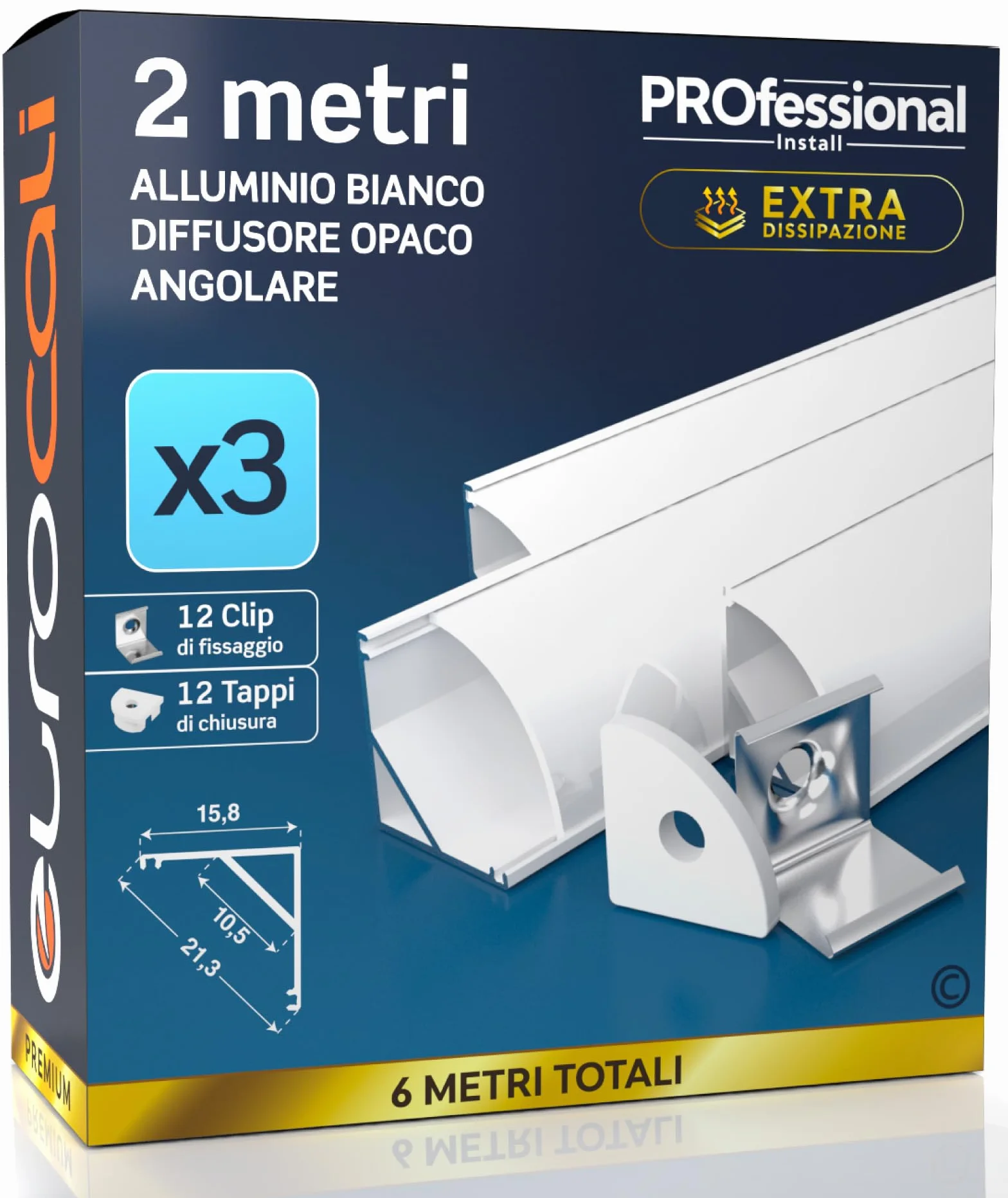 Eurocali 3 Profili Angolari da 2 metri (6mt) in Alluminio Bianco per Strisce LED Schermatura Opaca - Larghezza Massima Stricia LED 10.5mm - 15.8 x 15.8