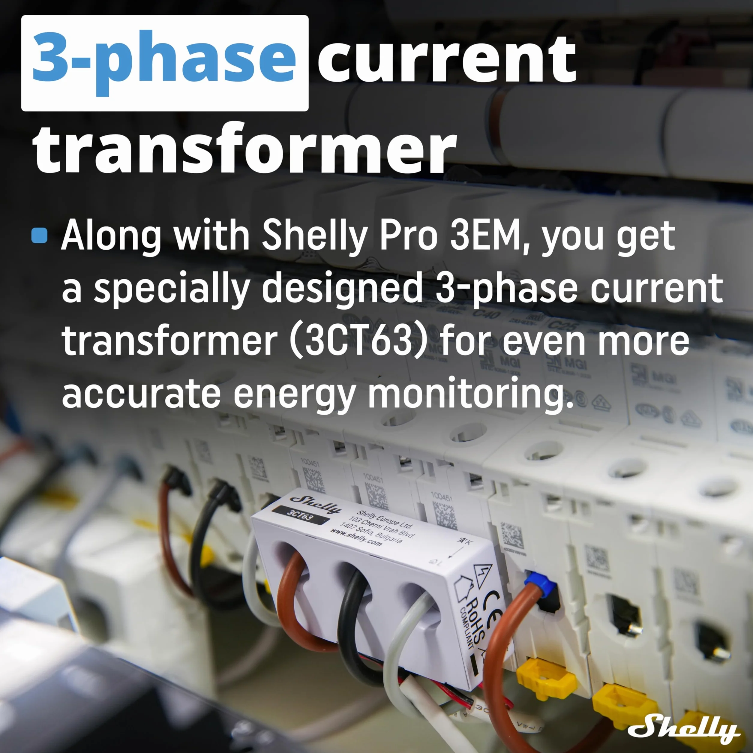 Shelly Pro 3EM-3CT63 Contatore di Energia Intelligente WiFi LAN Trifase 63A Monitoraggio Solare Rete