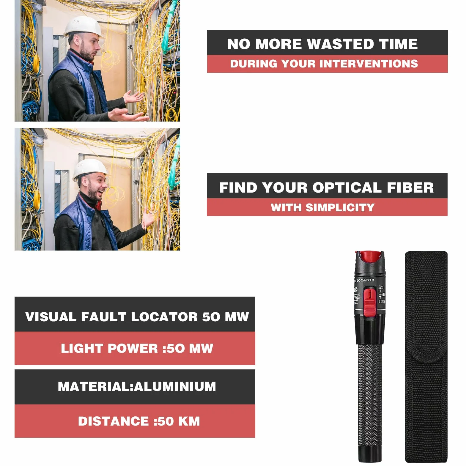 Localizzatore di guasti visivi da 50 mw con connettore FC/APC maschio a LC/APC, kit test VFL 50 km, tester in fibra ottica con adattatore FC a LC-SM9/125, Supporta connettori SC/FC/ST/LC