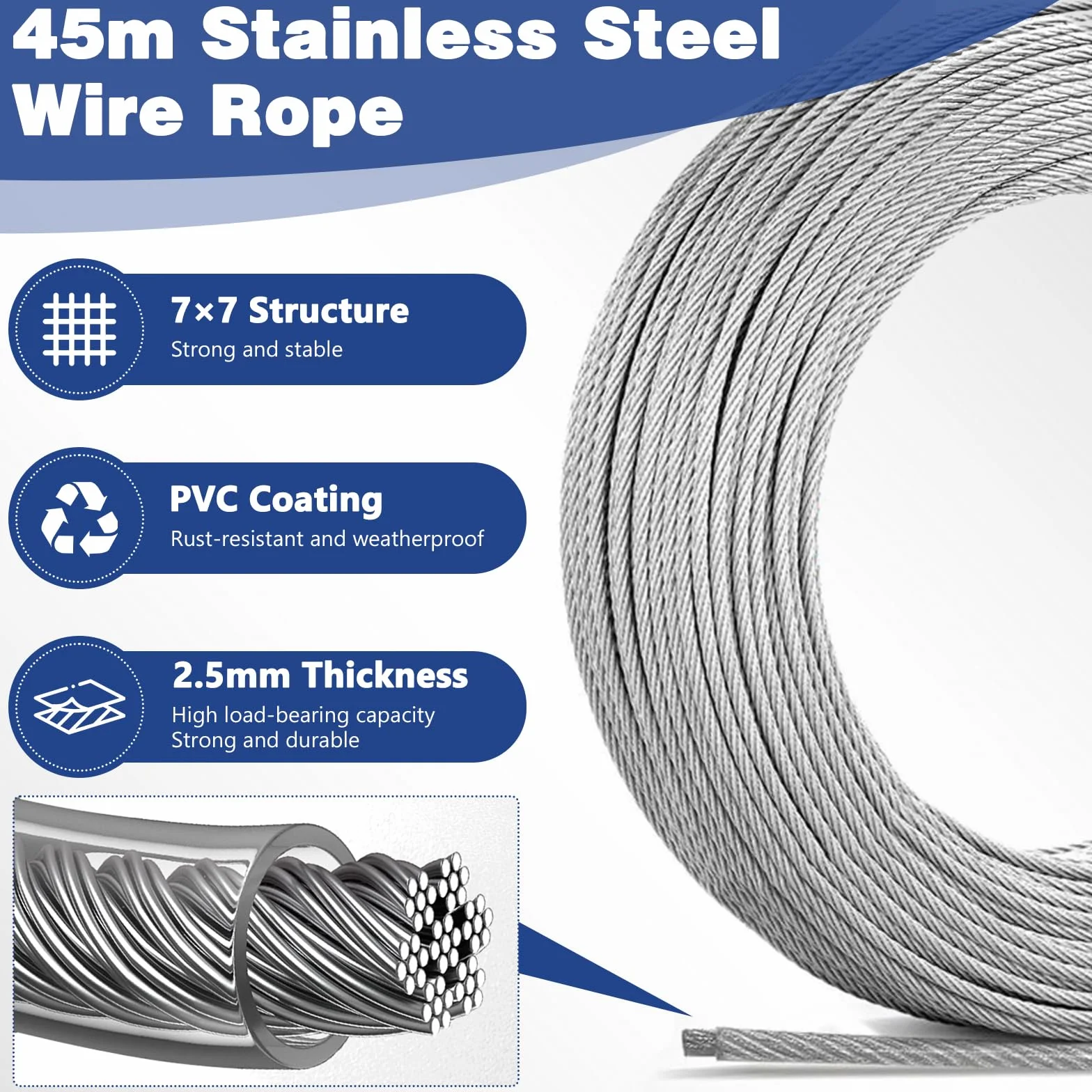 45M 2,5mm Fune Acciaio PVC Rivestito, 304 Cavo Corda in Acciaio Inossidabile, Set di Sospensione Per Cavi In Acciaio, con Tenditore Cavo Acciaio, per Appendere Lamp, Stendibiancheria