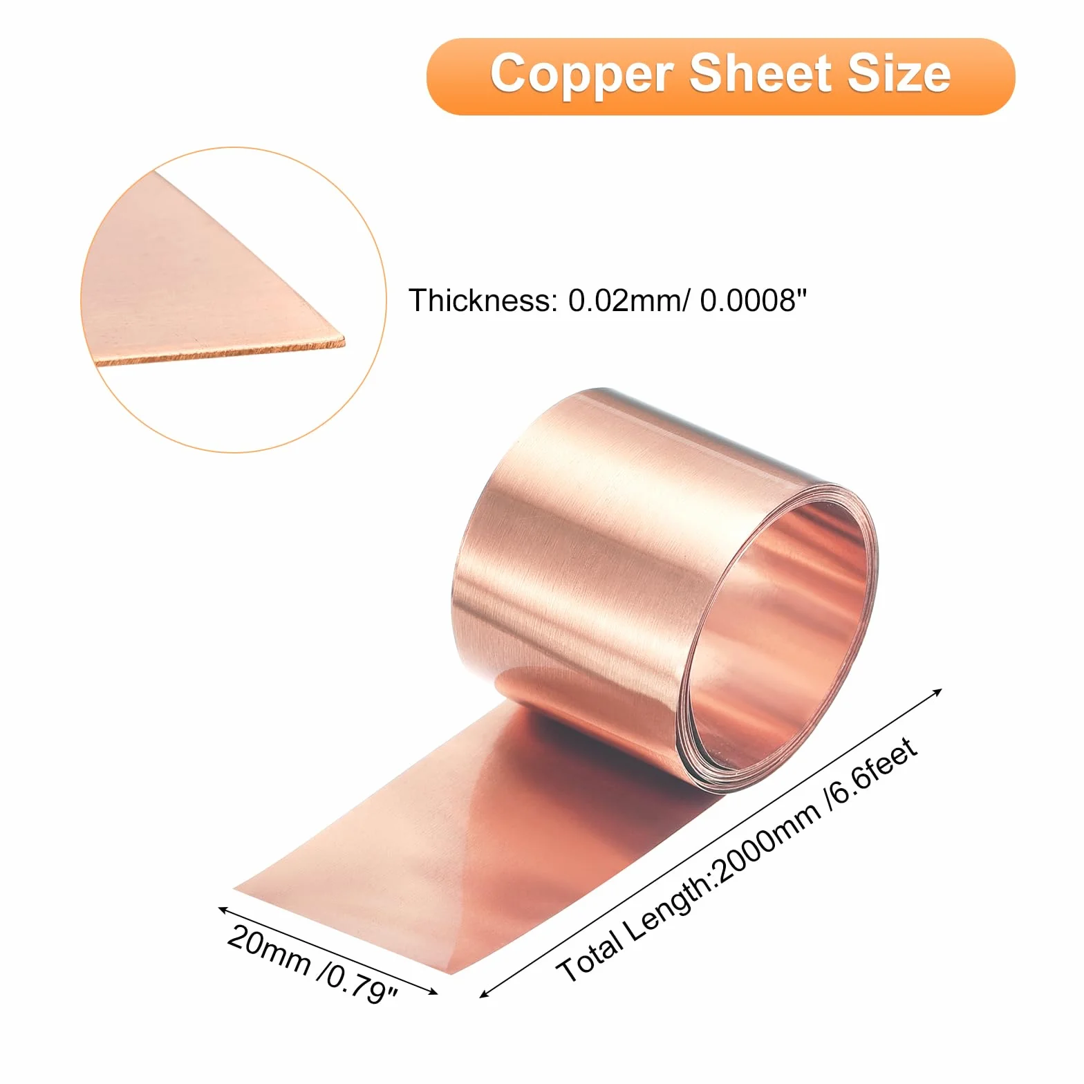 QUARKZMAN Rotolo Lamina Rame 2000mm x 20mm x 0.02mm, Striscia Rame Puro 99,9% Piastra Lampeggiante in Lamina Metallico per Progetti Fai da Te Elettricità (Diverse Misure)