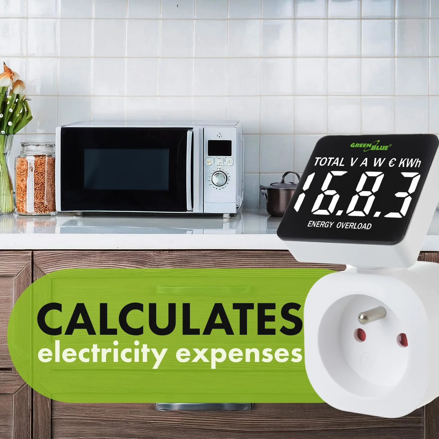 Green Blue Contatore di elettricità, Misuratore di costi energetici, Wattmetro digitale, Misuratore di energia | 16A Max: 3680 W, visualizza kWh consumati e costi (GB620 E)