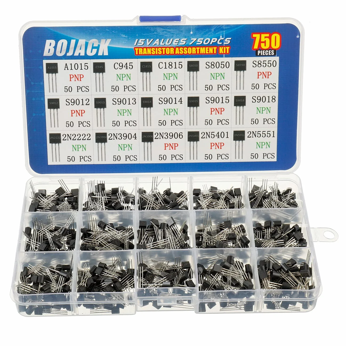 BOJACK 15 Valori 750 pezzi Kit assortimento transistor PNP NPN A1015 C945 C1815 S8050 S8550 S9012 S9013 S9014 S9015 S9018 2N2222 2N3904 2N3906 2N5401 2N5551