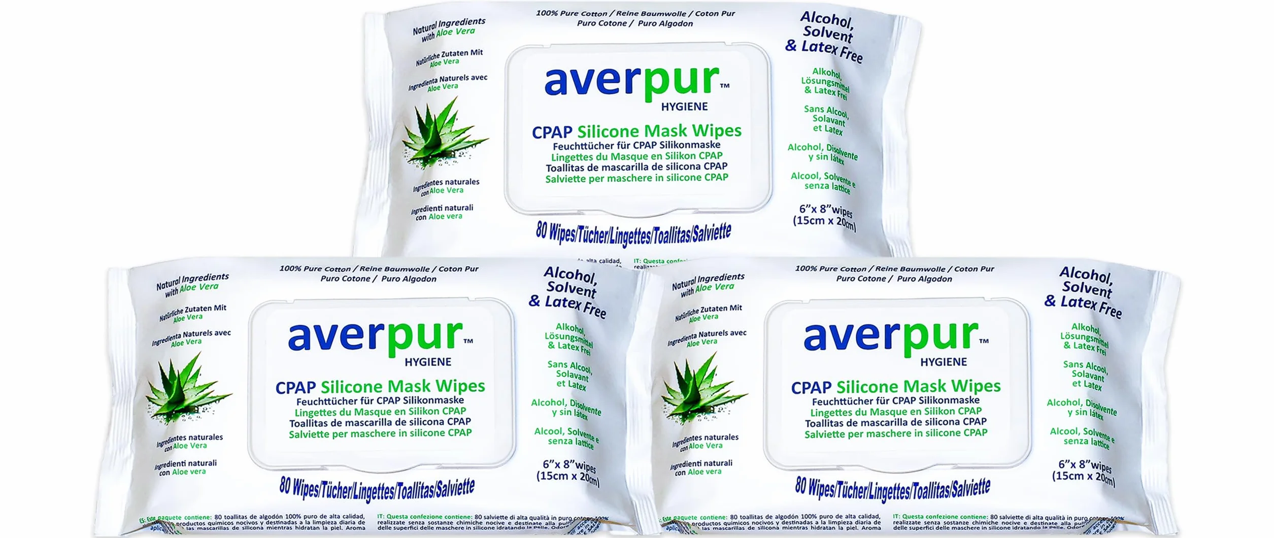 Salviette per la pulizia CPAP averpur con Aloe Vera, 3x80, 100% cotone puro