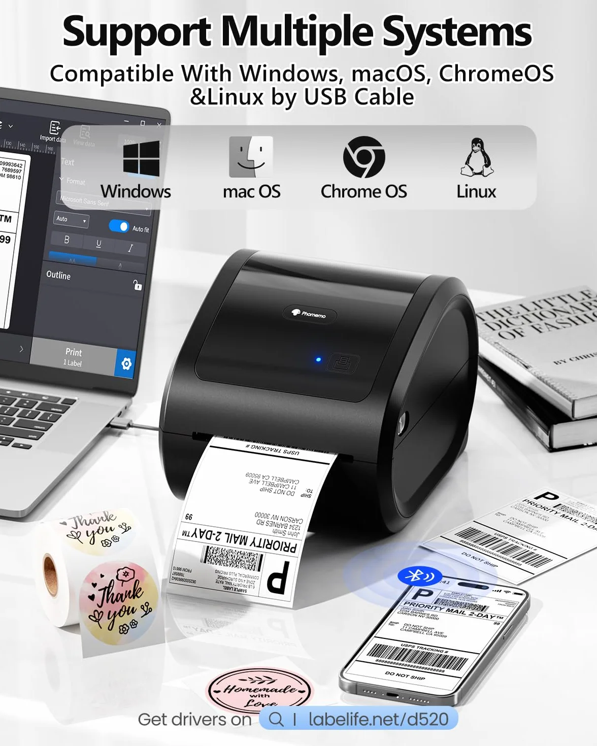 Phomemo Stampante per etichette Bluetooth, stampante termica DHL 4X6 per Mac/PC, stampante Bluetooth per codici a barre, Amazon, Etsy, Shopify, Royal Mail, DHL, FedEx, UPS