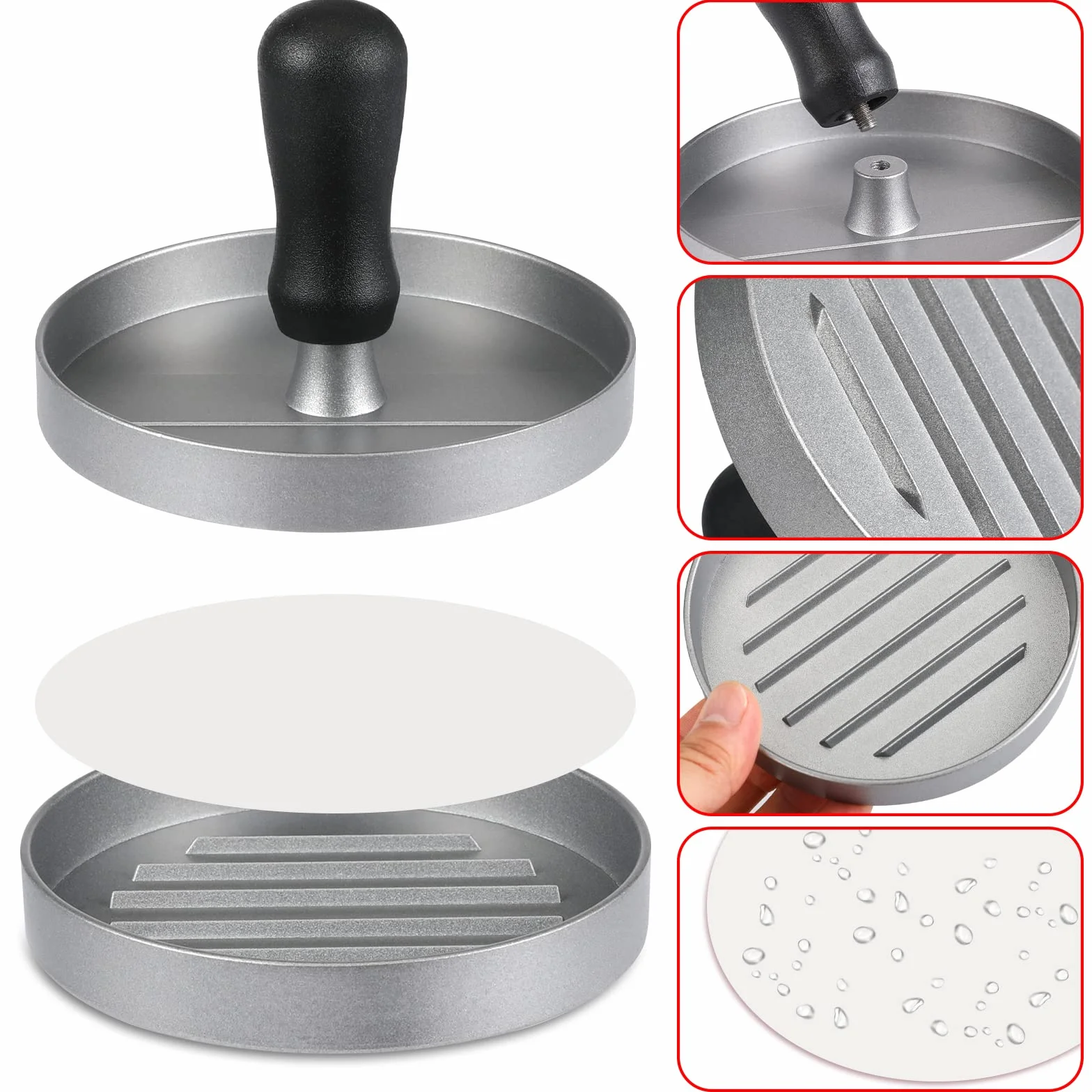 Burger Press e 100 carta oleata antiaderente per carne Patty Hamburger Maker per preparare hamburger tascabili ripieni da un quarto di libbra o grandi 1/3 di libbra, alluminio per barbecue