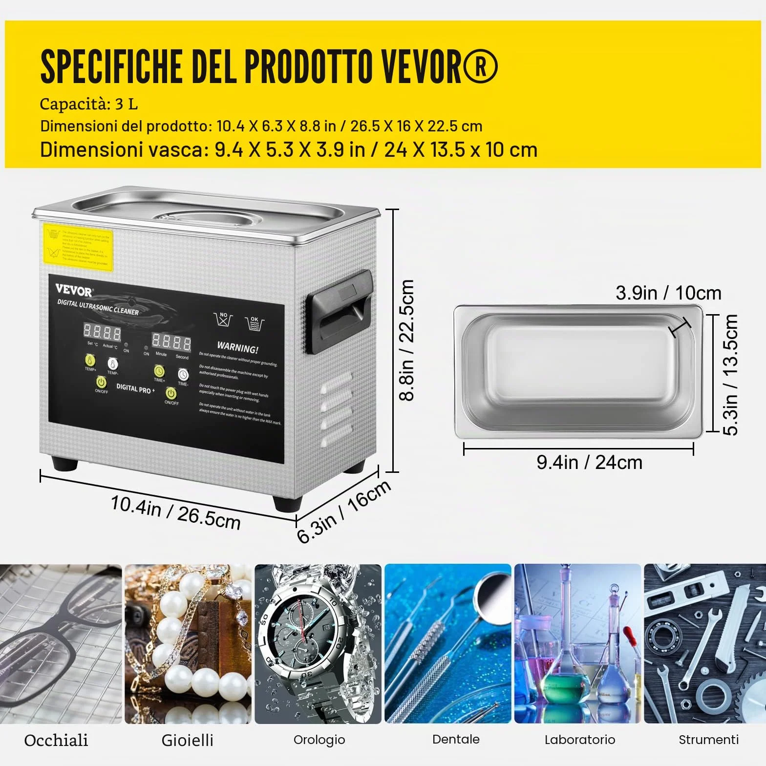 VEVOR Pulitore a Ultrasuoni 3 L Riscaldatore 200 W Ultrasuoni 120 W Digitale