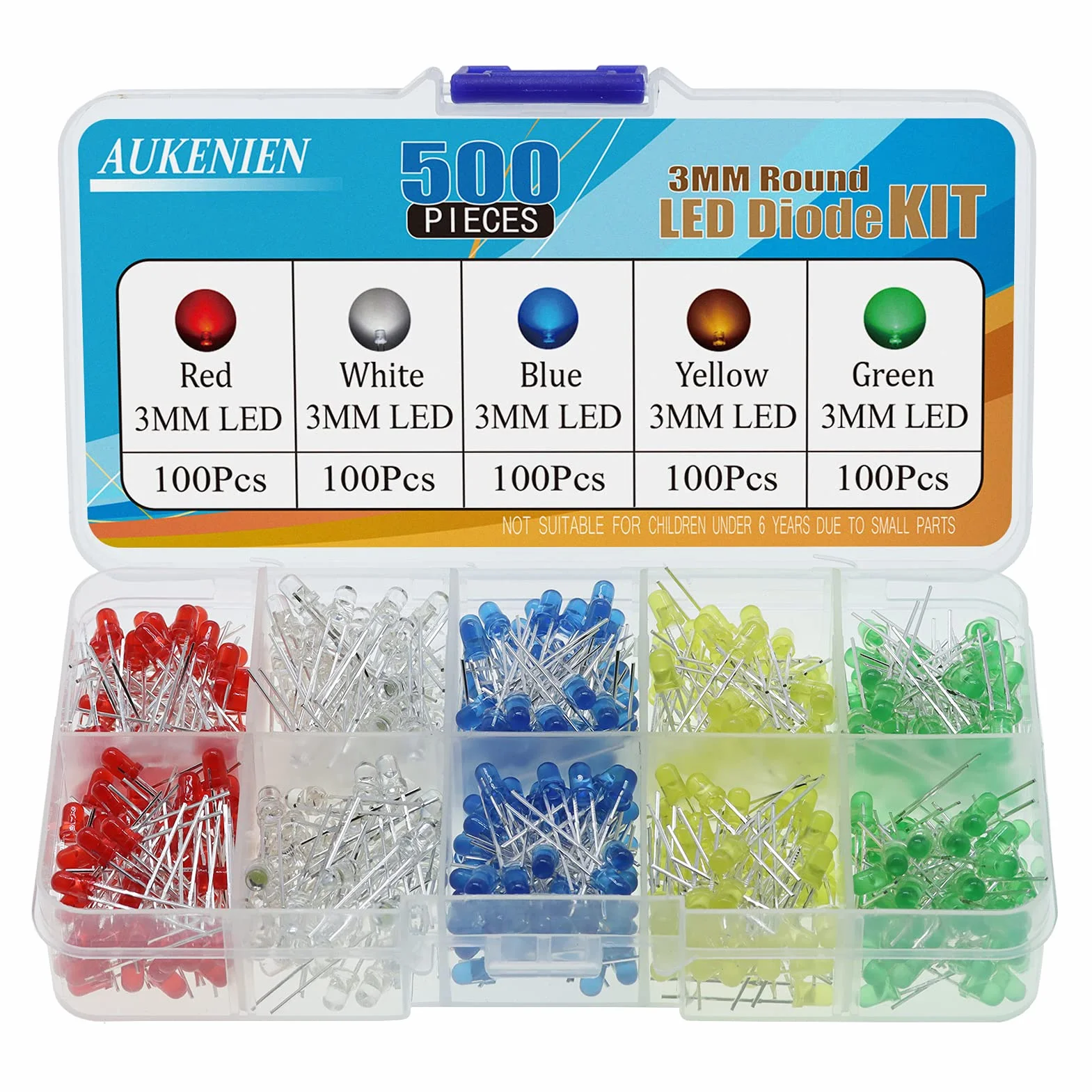 AUKENIEN 500 Pezzi LED Diodo 3MM Kit Rotonda 2 pin LED Diodi Alta Luminosità a Diffusione Luminosa Set 5 colori Bianco Rosso Giallo Verde Blu (5 Colori x 100pz)
