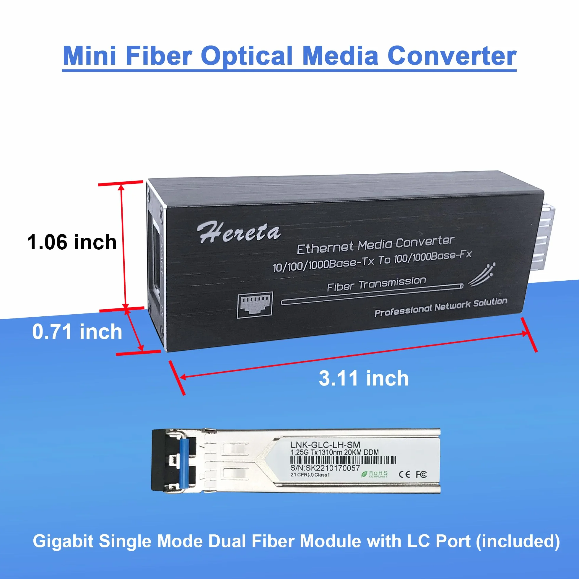 Gigabit Ethernet Media Converter, Modo Singolo LC, 10/100/1000M RJ45 a 100/1000Base-LX, 1310nm, 20km