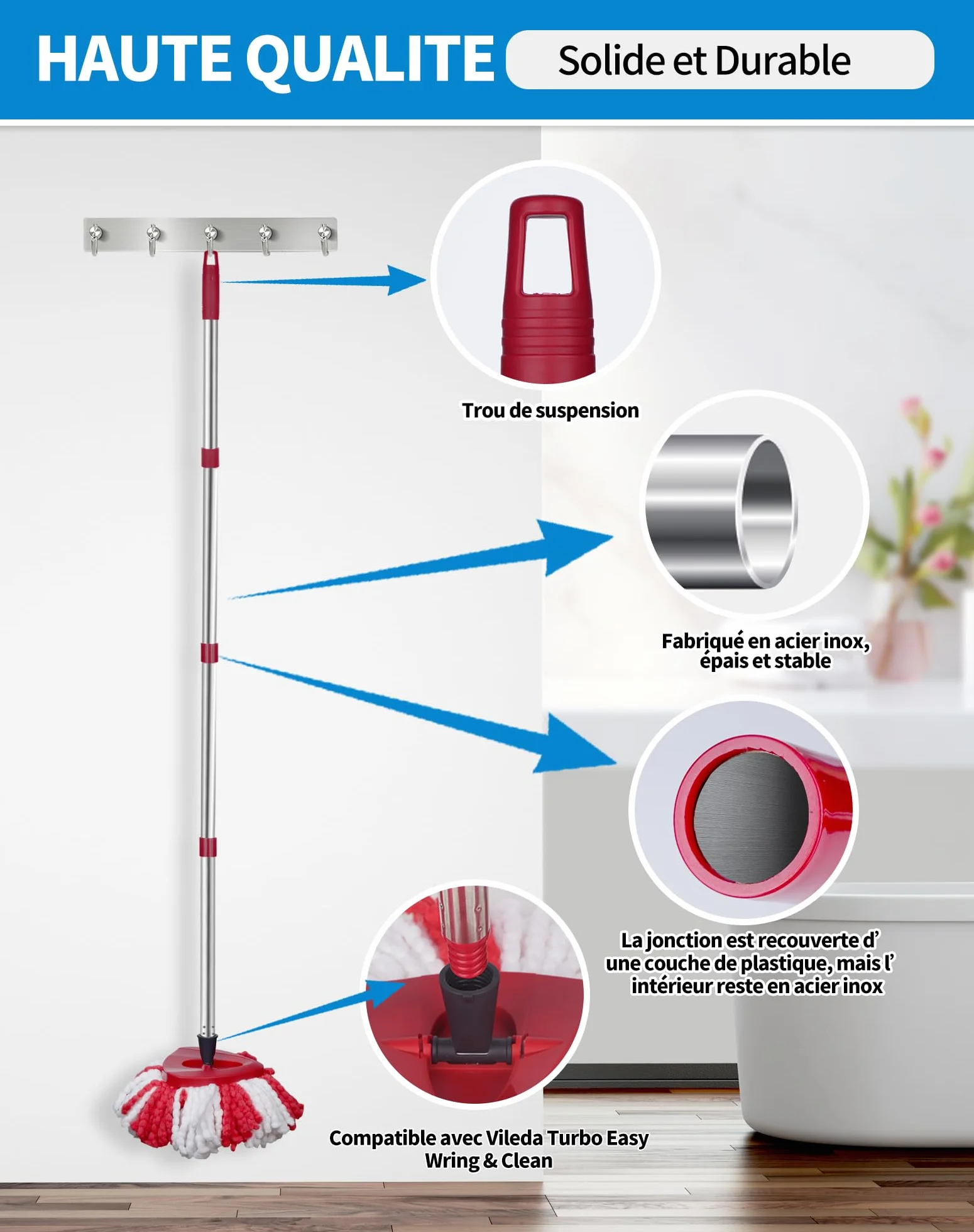 SOSALUK Manico per scopa compatibile con Vileda Easy Wring and Clean Turbo 76 cm-148 cm, manico in mocio per Vileda Turbo regolabile