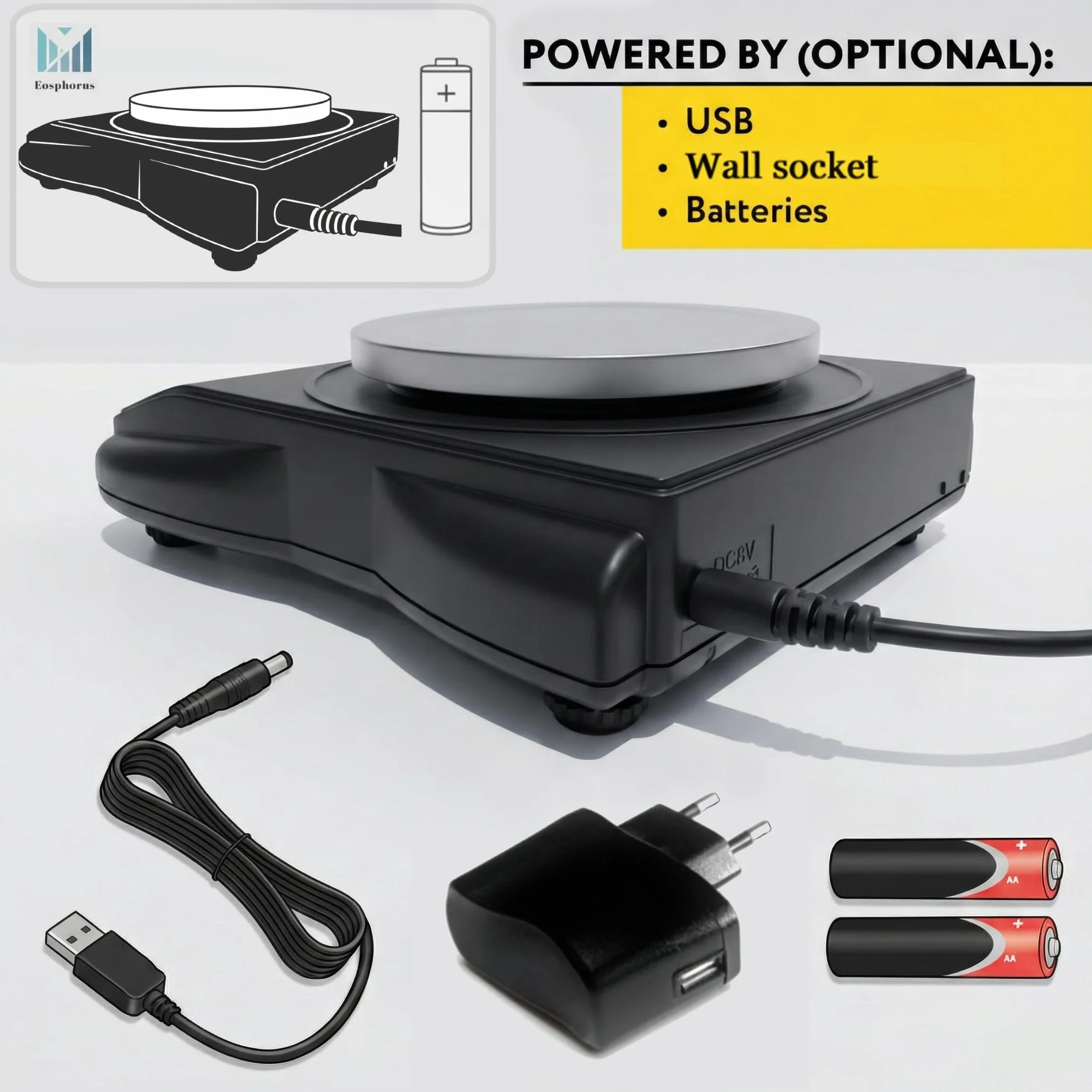 Eosphorus Bilancia di Precisione 600g/0,01g con Piatto Rotondo, Bilancia Digitale per Laboratorio, Scuole e Chimica, Funzione Conteggio, Unità g/oz/ct, Ricarica USB e Adattatore