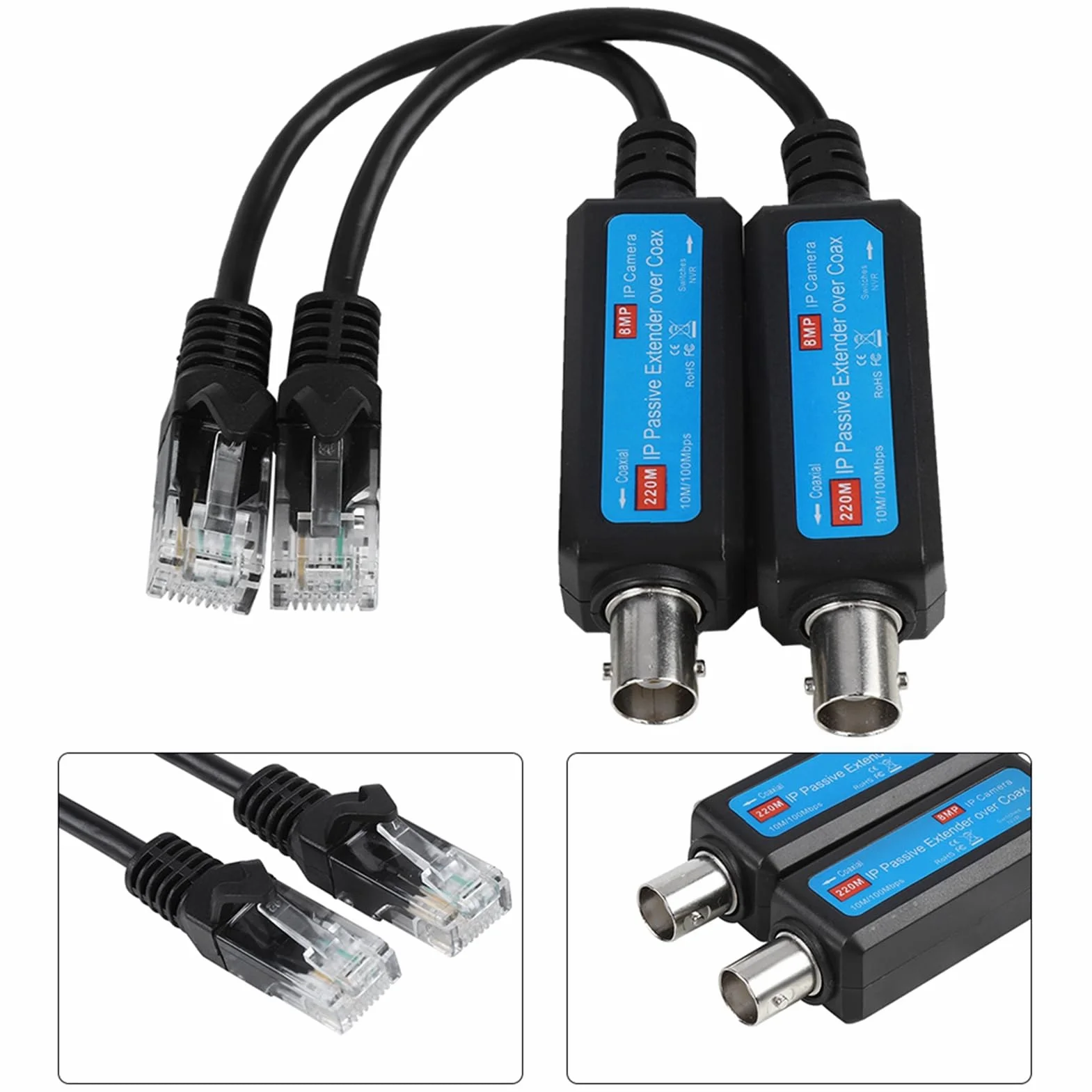 Extender Coassiale Coax over Ethernet Trasmettitore Ricevitore IP Passiva 10/100 Mbps 220 M