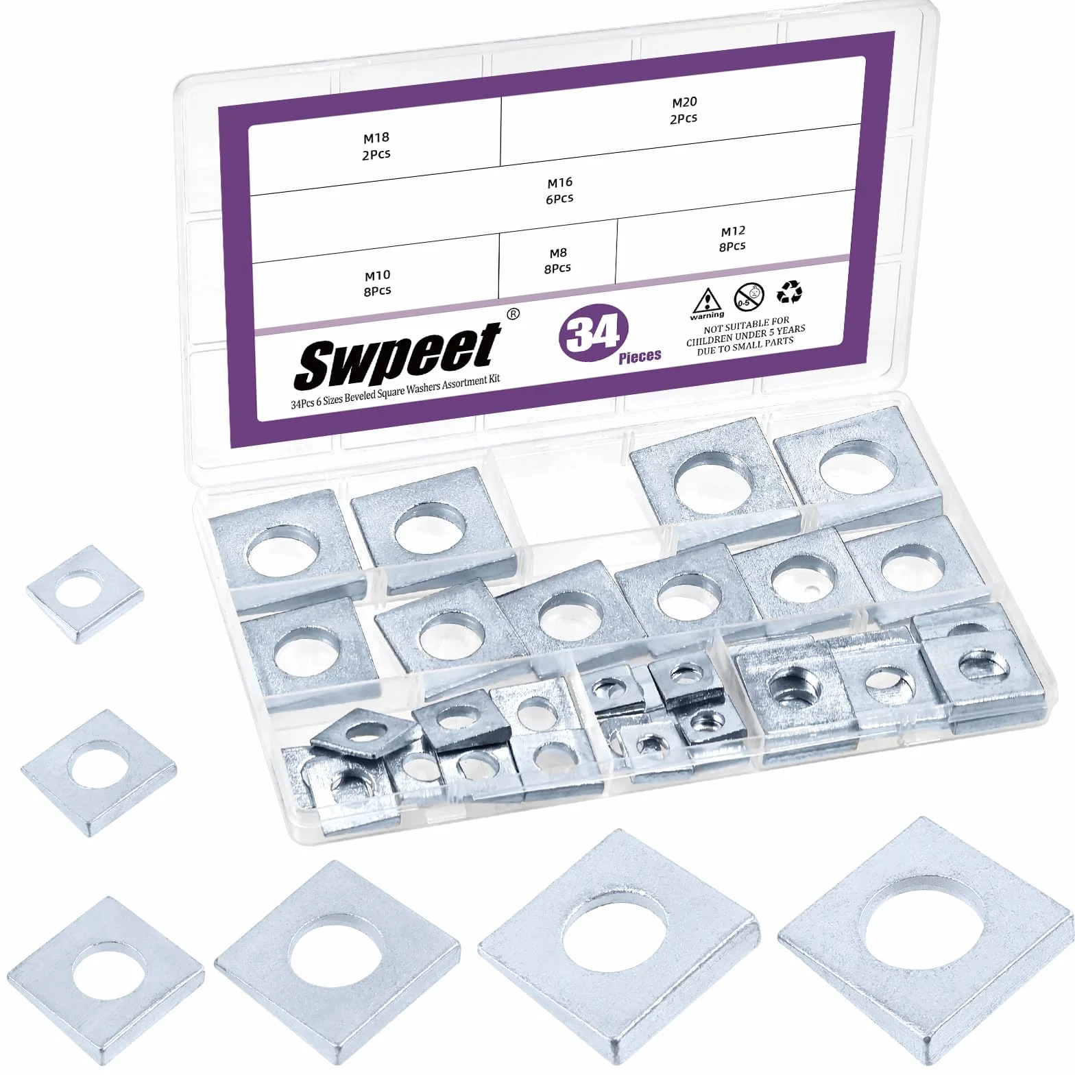 Swpeet 34Pcs 6 dimensioni M8 / M10 / M12 / M16 / M18 / M20 argento zincato fascicolato set assortimento di rondelle quadrate, rondelle a forma di cuneo in acciaio al carbonio semplice per Shim