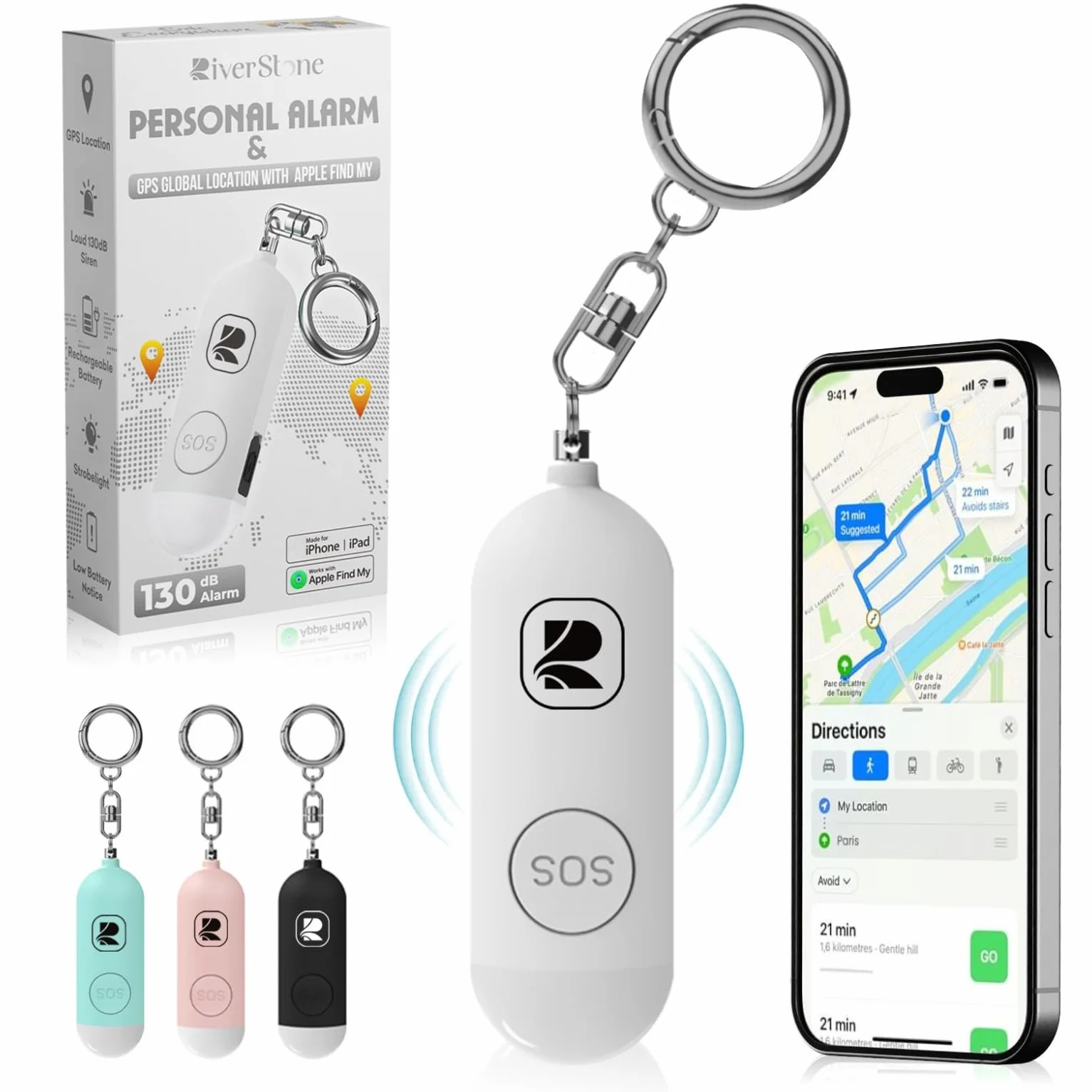 River Stone Allarme di Sicurezza Personale 130dB per Apple FindMy iOS (14.5+) Porta Chiavi Localizzatore Anti-aggressione, Sirena di Emergenza per Donna Bambino Anziano, Localizzazione, Auto-difesa