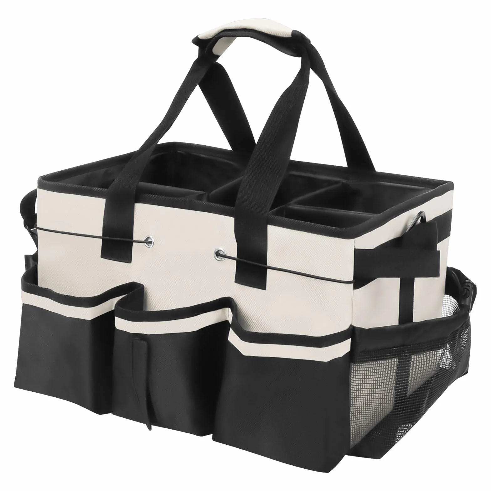 Cesto Per La Conservazione Dei Prodotti Per La Pulizia,Cestino Porta Attrezzi con 5 Tasche Esterne, Organizer Per Pulizie in Tessuto Oxford, Impermeabile, con Spallacci Regolabili (Bianco)