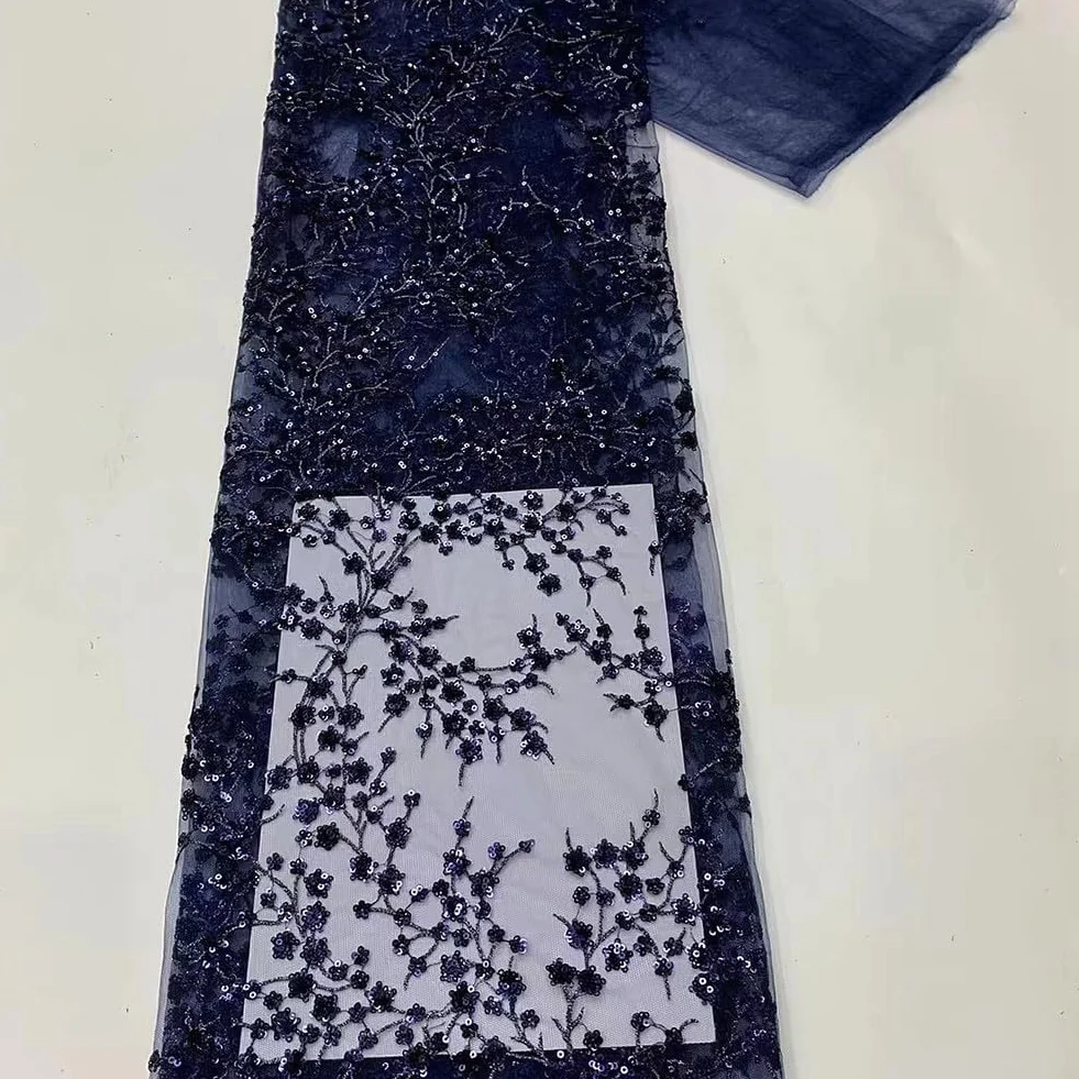 Elegante tessuto in pizzo con paillettes 3D, ideale per creare bellissimi abiti, gonne e oggetti decorativi unici (blu scuro)