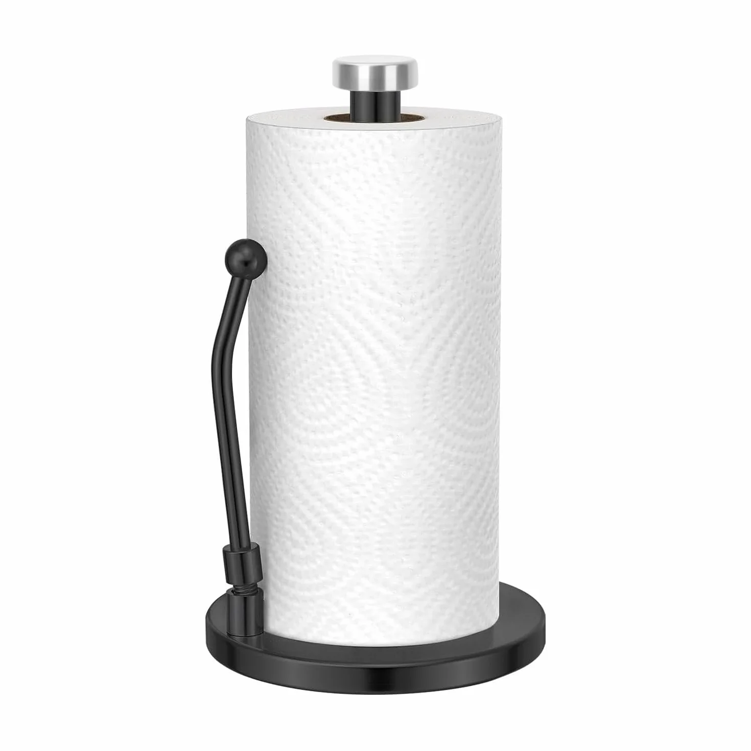 Porta asciugamani di carta nera con braccio a molla, in acciaio al carbonio, base grande diametro 17 cm, con fondo antiscivolo, supporto per dispenser di asciugamani di carta per piano di