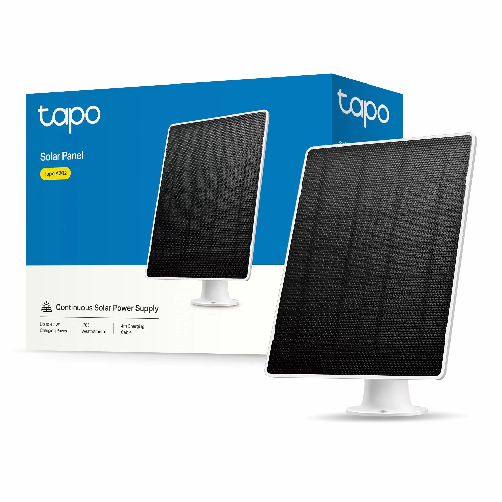 Tapo A202 Pannello Solare 4.5W, 5.2V, Adatto a Telecamera Tapo a Batteria, Installazione Flessibile, Ricarica ad Alta Efficienza, IP65, Regolabile a 360°, Cavo di Ricarica di 4m