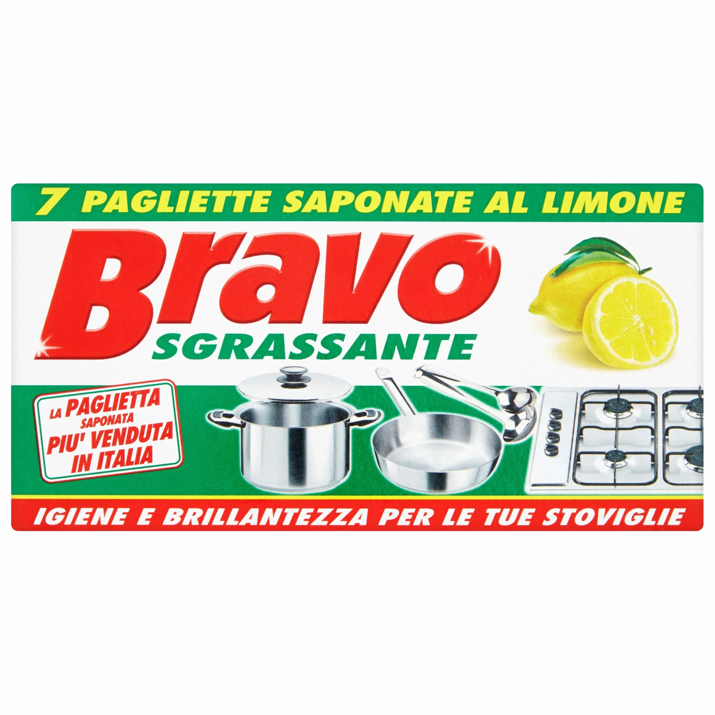 Bravo, Pagliette Saponate al Limone, Pulizia Rapida ed Efficace, Extra Potere Sgrassante e Pulente, 1 Confezione da 7 Pezzi