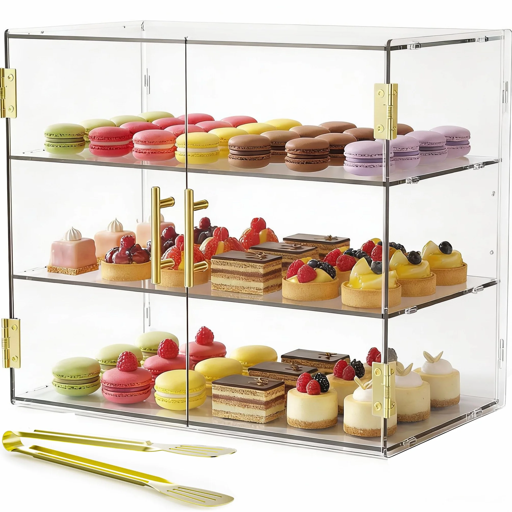 Vetrina da banco a 3 livelli con sportello automatico elastico, 49,5 x 37,8 x 26,2 cm, vetrina per pasticceria in acrilico, per pane, dessert, biscotti