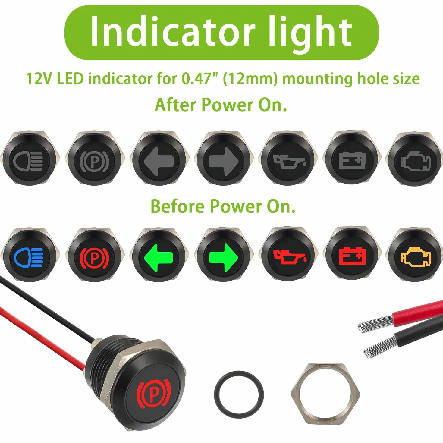7 Pezzi 12mm Indicatore luminoso LED impermeabile, DC 12 V/24 V in metallo Indicatore LED per Moto Auto Camion Trattori Camper ATV